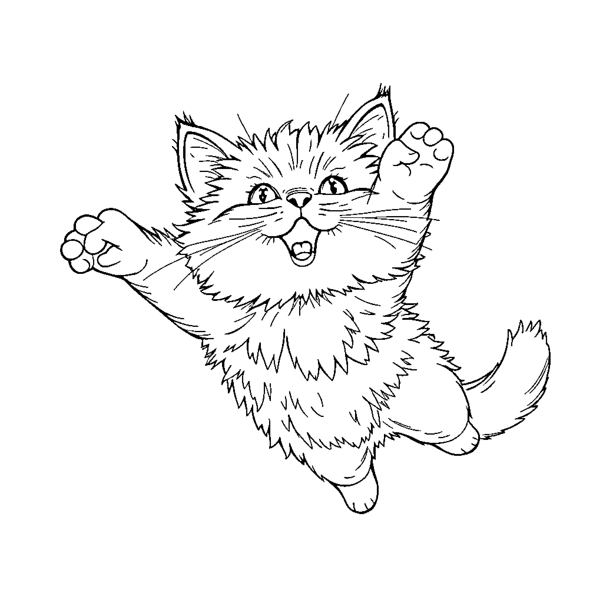 Flying Cat Playing Playfully Coloring Page (free black-and-white line drawing printable PDF for all, from beginners to advanced learners, including children, teens, adults, and seniors)