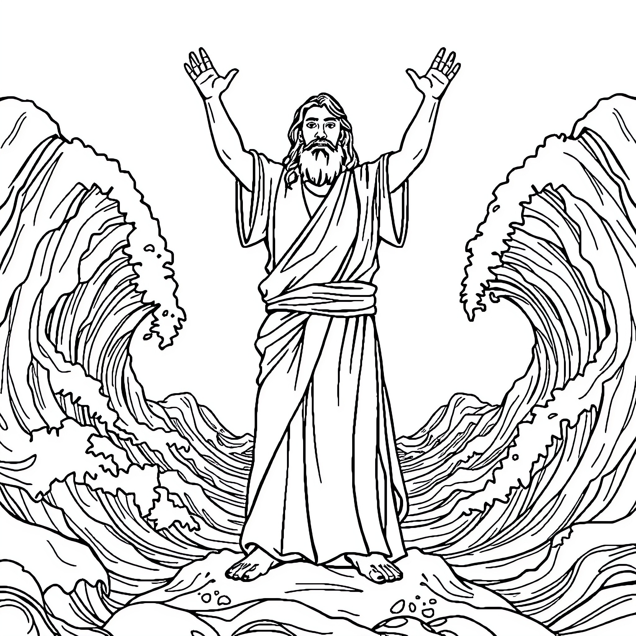 Moses parting the sea with outstretched arms Coloring Page (free black-and-white line drawing printable PDF for all, from beginners to advanced learners, including children, teens, adults, and seniors)