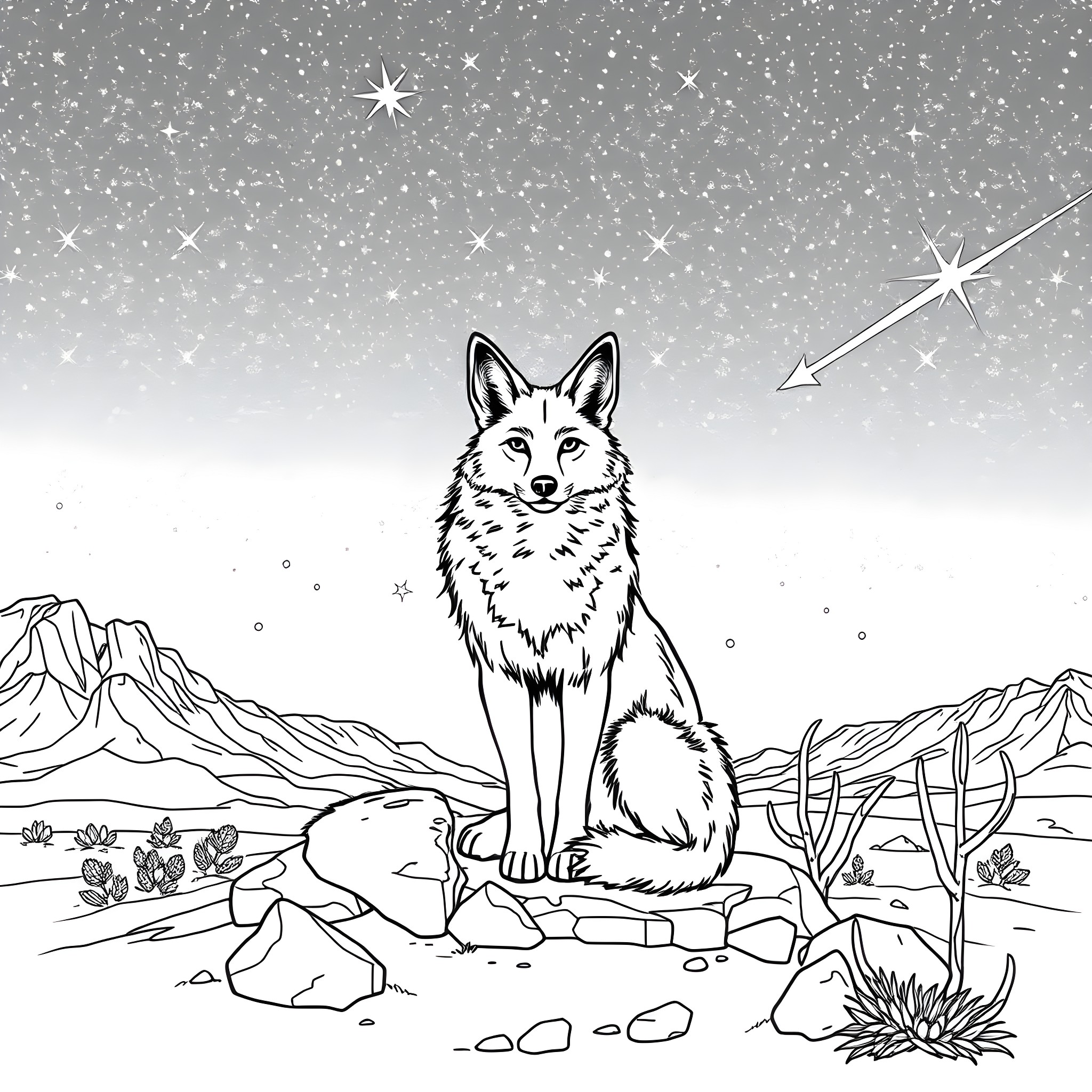 Coyote gazing at the starry night sky Coloring Page (free black-and-white line drawing printable PDF for all, from beginners to advanced learners, including children, teens, adults, and seniors)