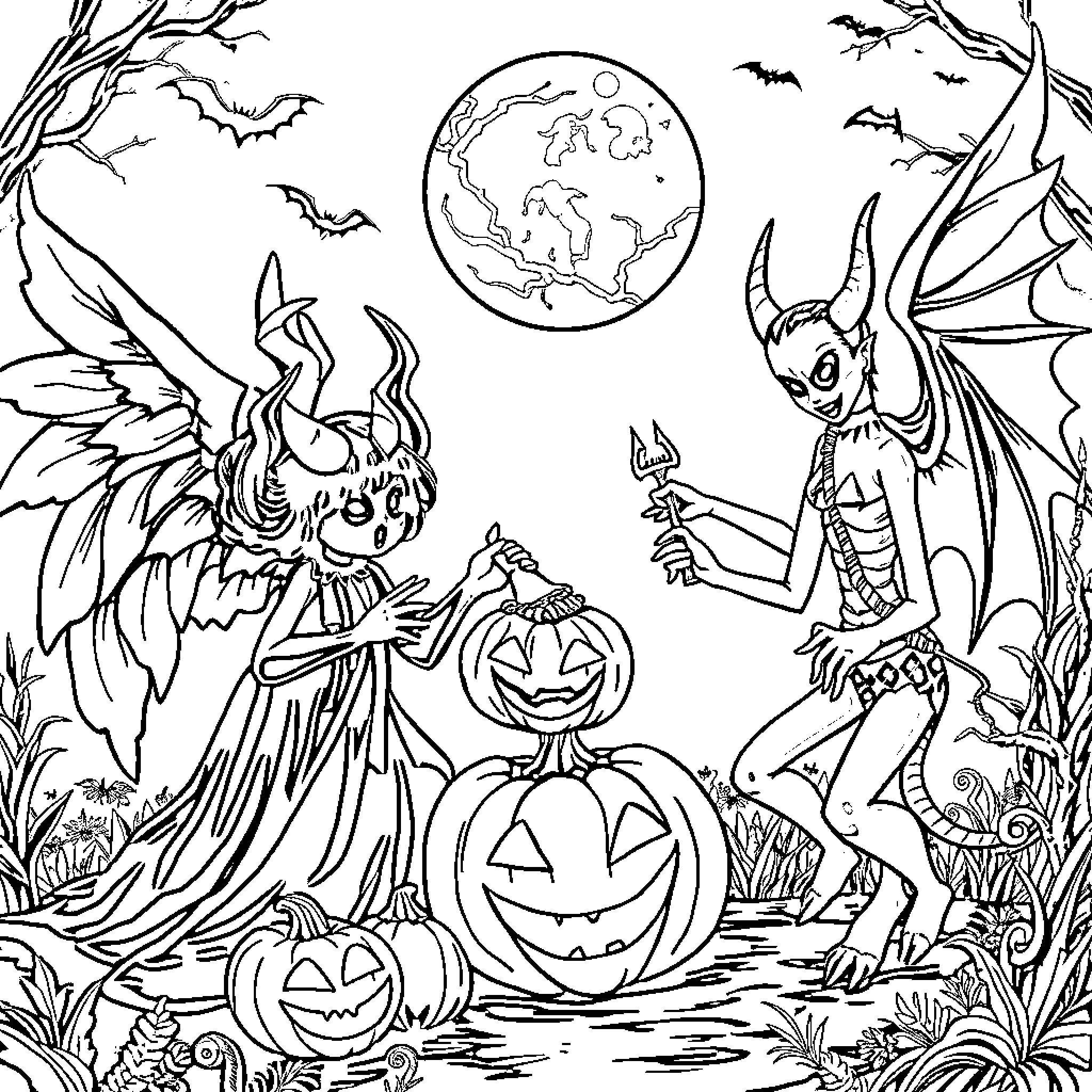 Angels and Demons Celebrating Halloween in the Forest Coloring Page (free black-and-white line drawing printable PDF for all, from beginners to advanced learners, including children, teens, adults, and seniors)
