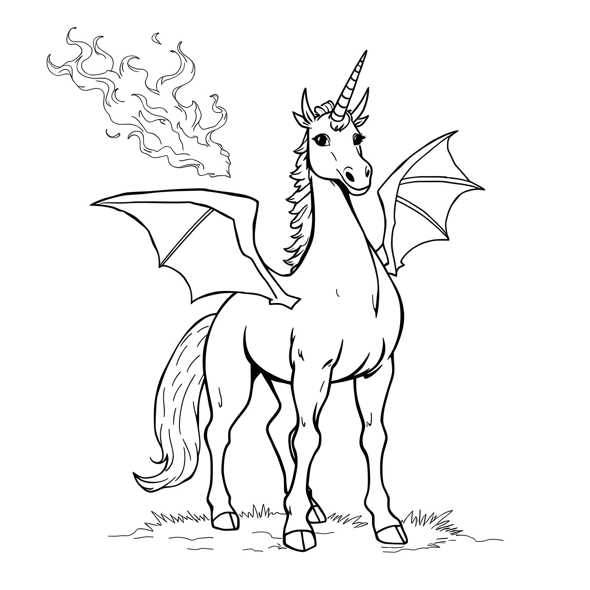 Unicorn breathing smoke and flapping its wings Coloring Page (free black-and-white line drawing printable PDF for all, from beginners to advanced learners, including children, teens, adults, and seniors)