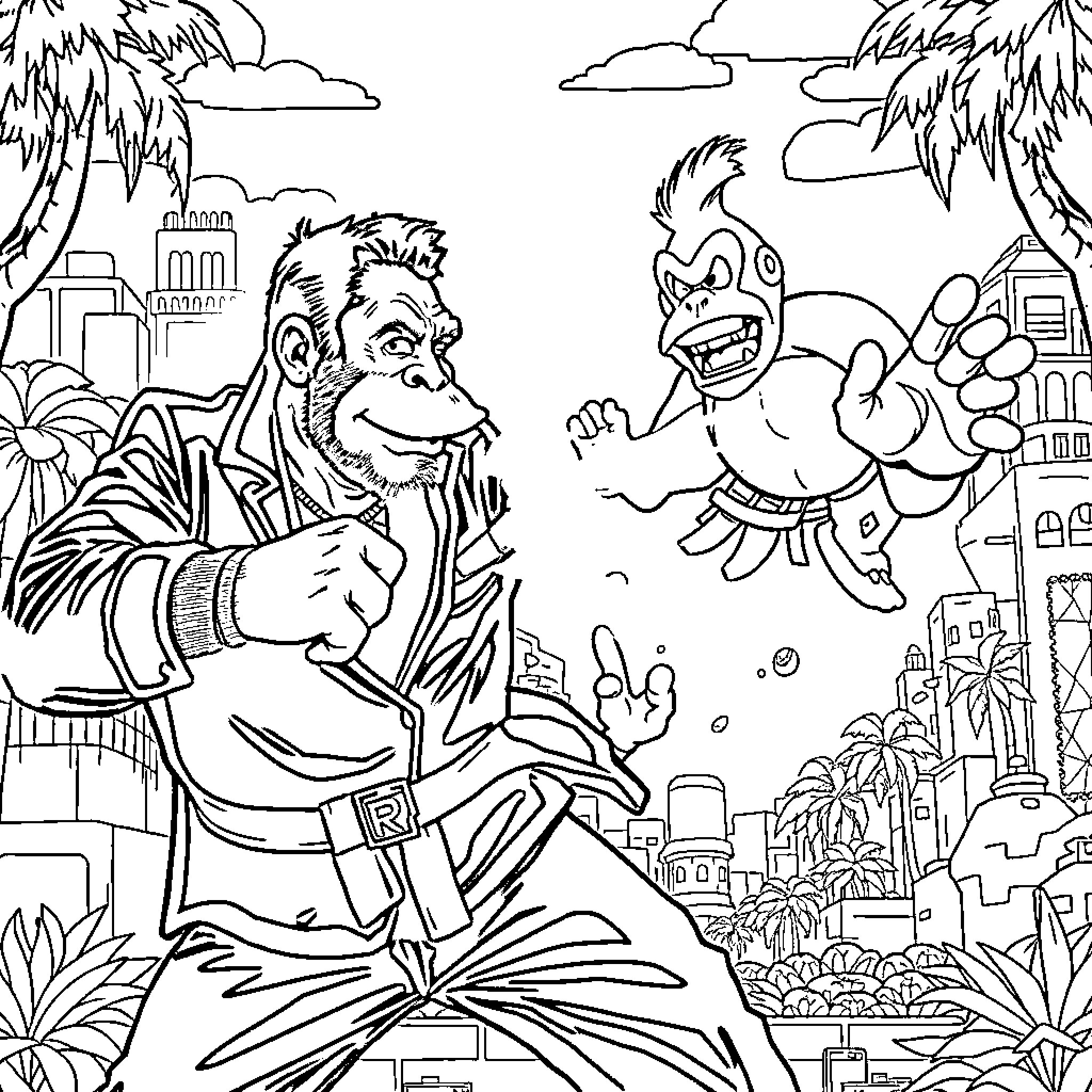 Adam Sandler in an animated tropical adventure Coloring Page (free black-and-white line drawing printable PDF for all, from beginners to advanced learners, including children, teens, adults, and seniors)