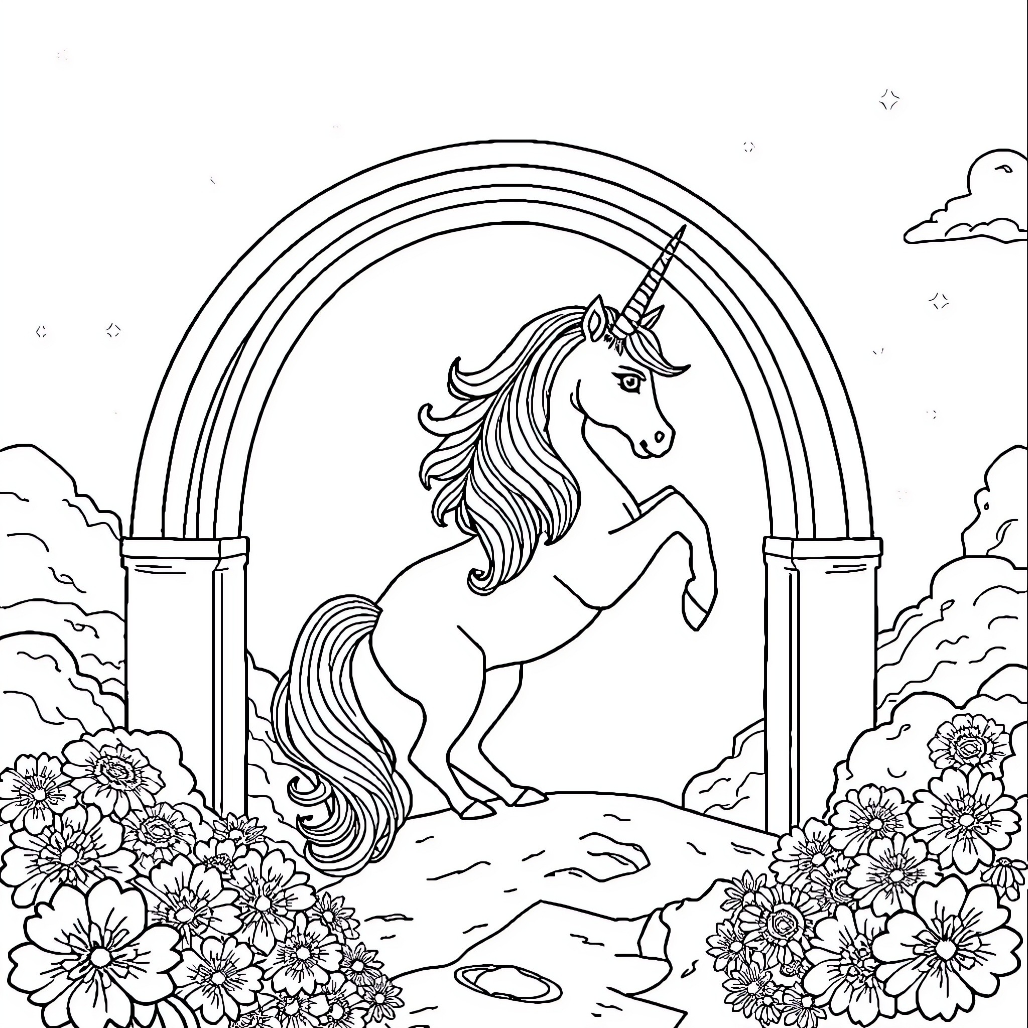 Unicorn galloping under a rainbow arch Coloring Page (free black-and-white line drawing printable PDF for all, from beginners to advanced learners, including children, teens, adults, and seniors)