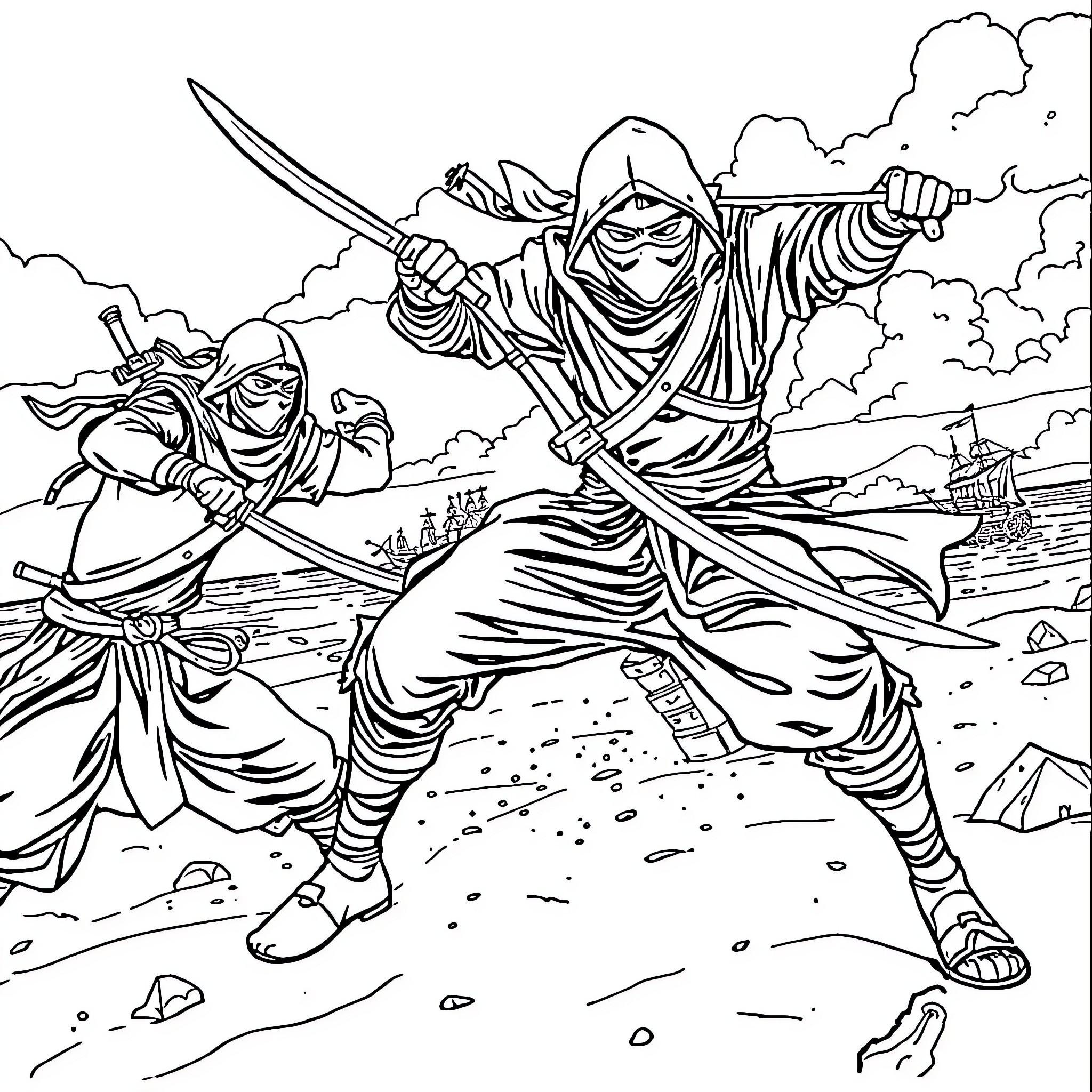 Ninja warriors in fierce battle on a rocky shore Coloring Page (free black-and-white line drawing printable PDF for all, from beginners to advanced learners, including children, teens, adults, and seniors)