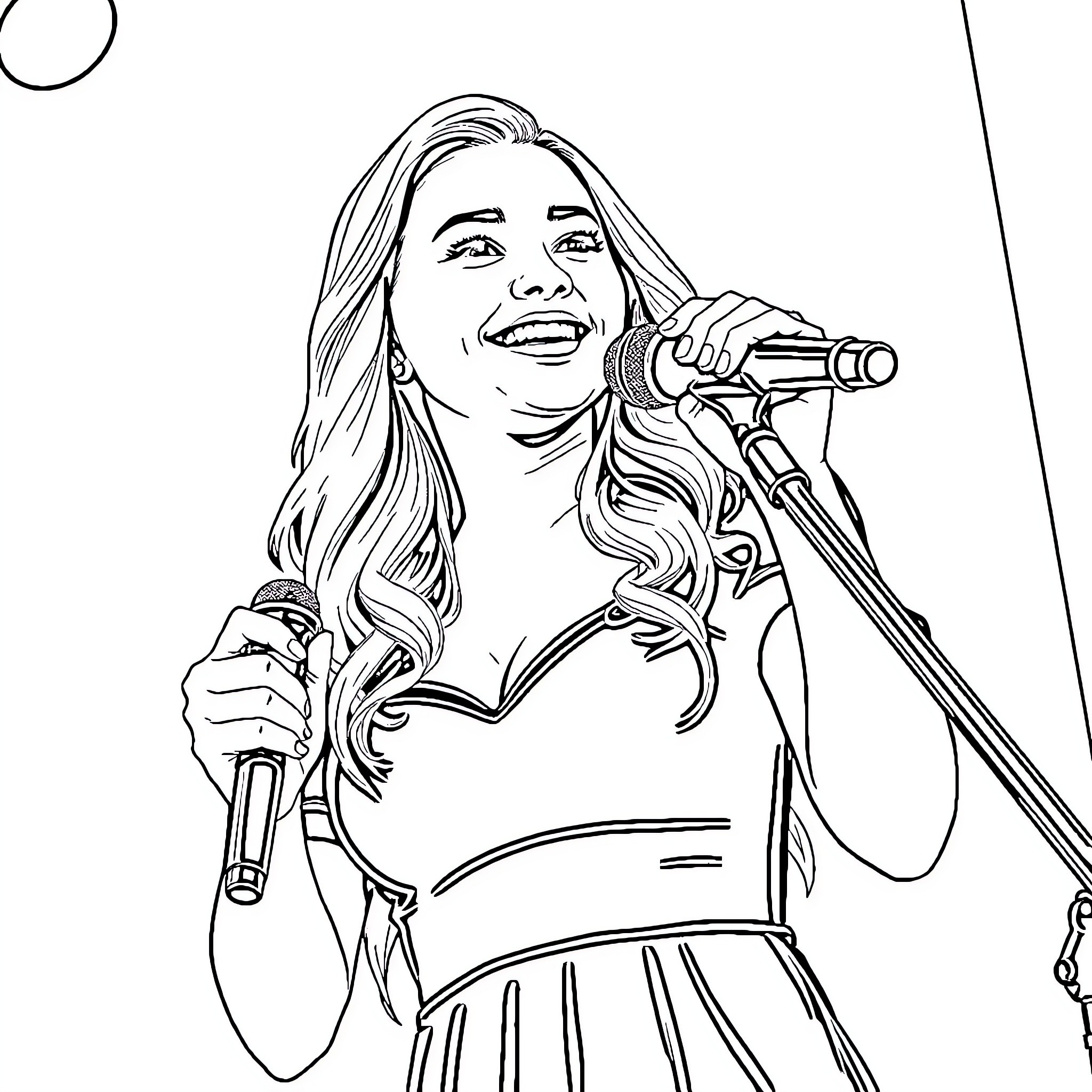Sabrina Carpenter singing passionately on stage Coloring Page (free black-and-white line drawing printable PDF for all, from beginners to advanced learners, including children, teens, adults, and seniors)
