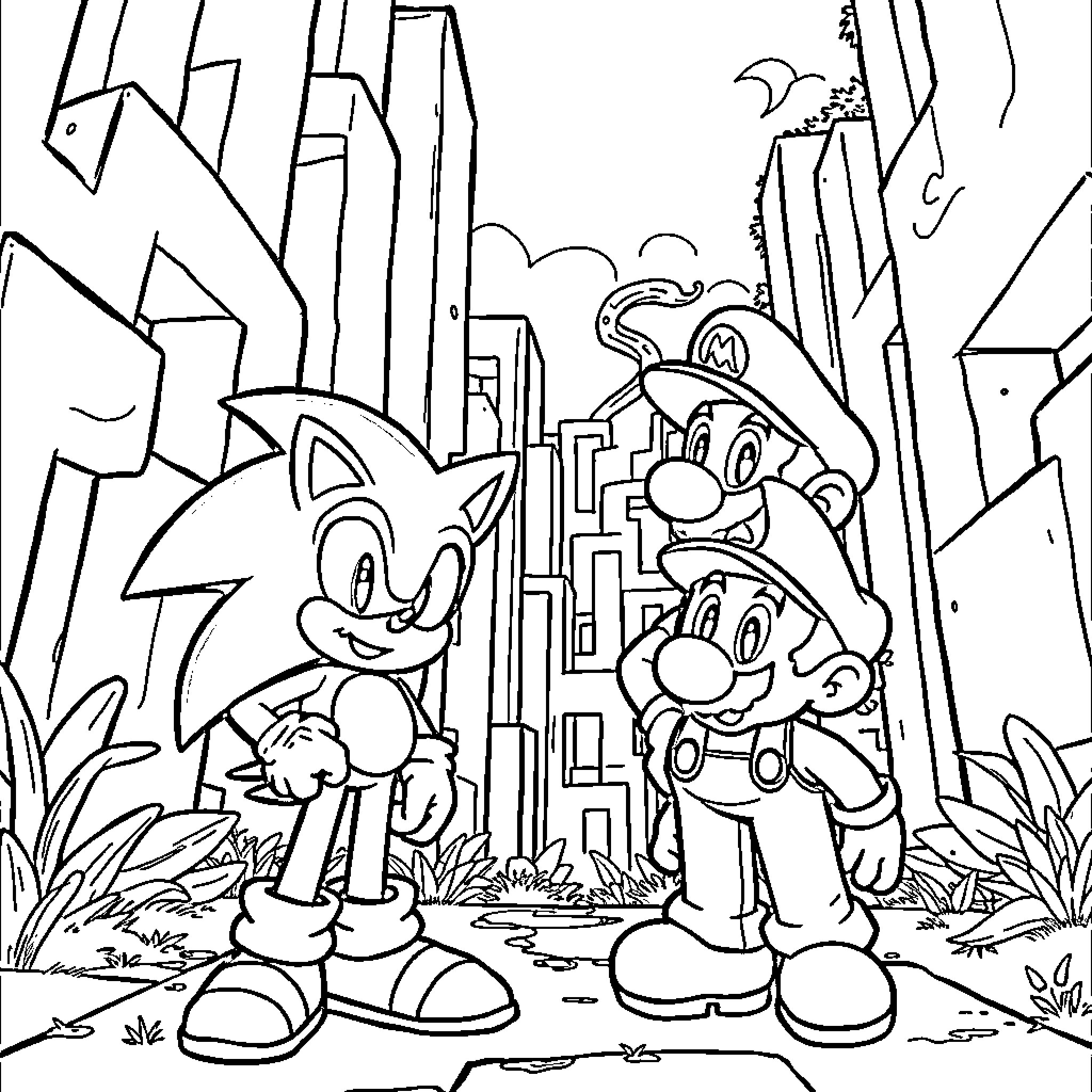 Sonic and Mario Explore the City Landscape Coloring Page (free black-and-white line drawing printable PDF for all, from beginners to advanced learners, including children, teens, adults, and seniors)