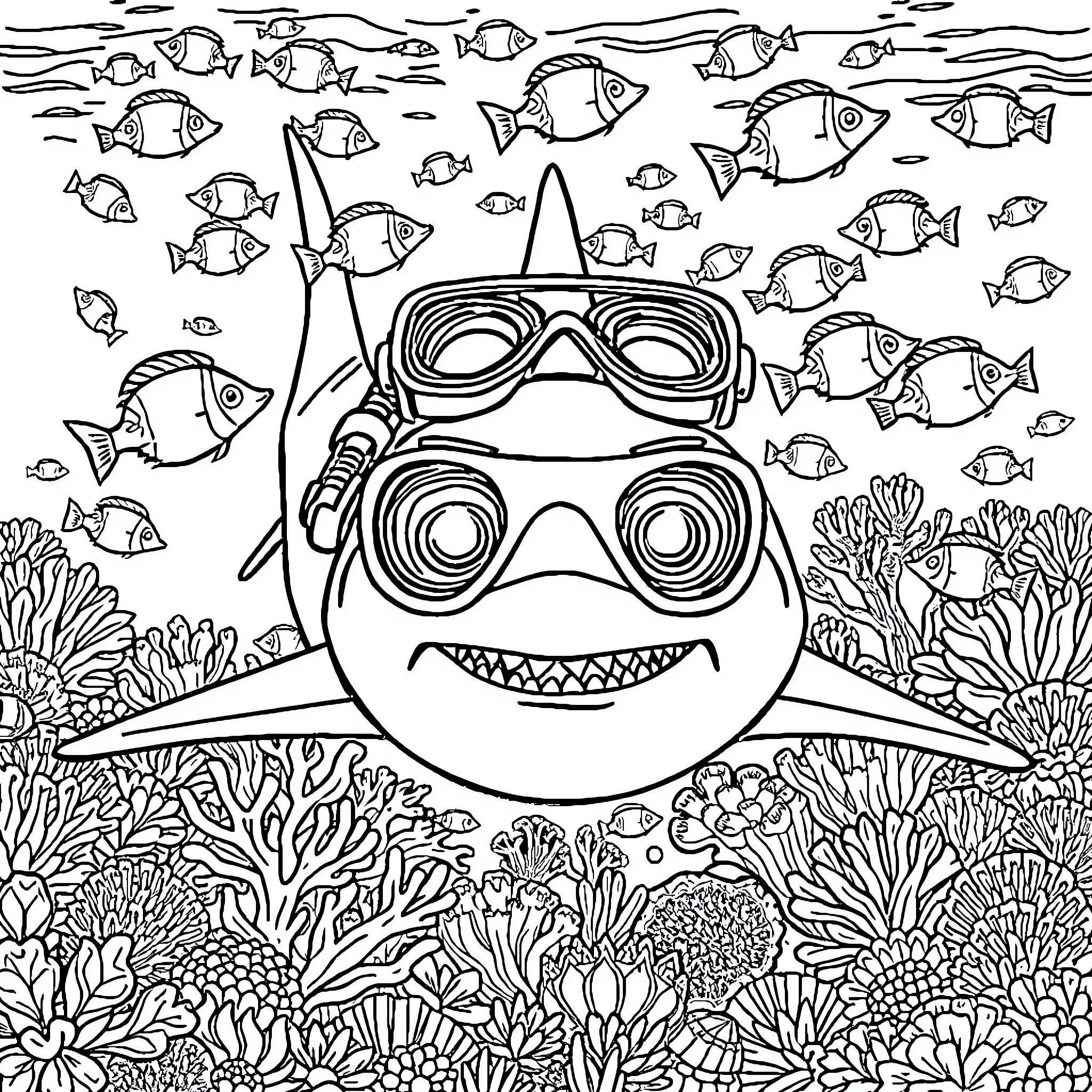 Shark diving among colorful underwater creatures Coloring Page (free black-and-white line drawing printable PDF for all, from beginners to advanced learners, including children, teens, adults, and seniors)