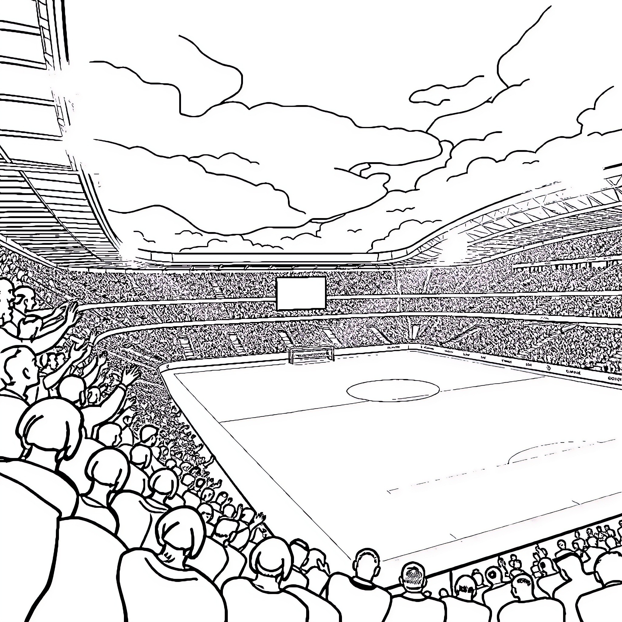 Stadium filled with cheering spectators during a game Coloring Page (free black-and-white line drawing printable PDF for all, from beginners to advanced learners, including children, teens, adults, and seniors)
