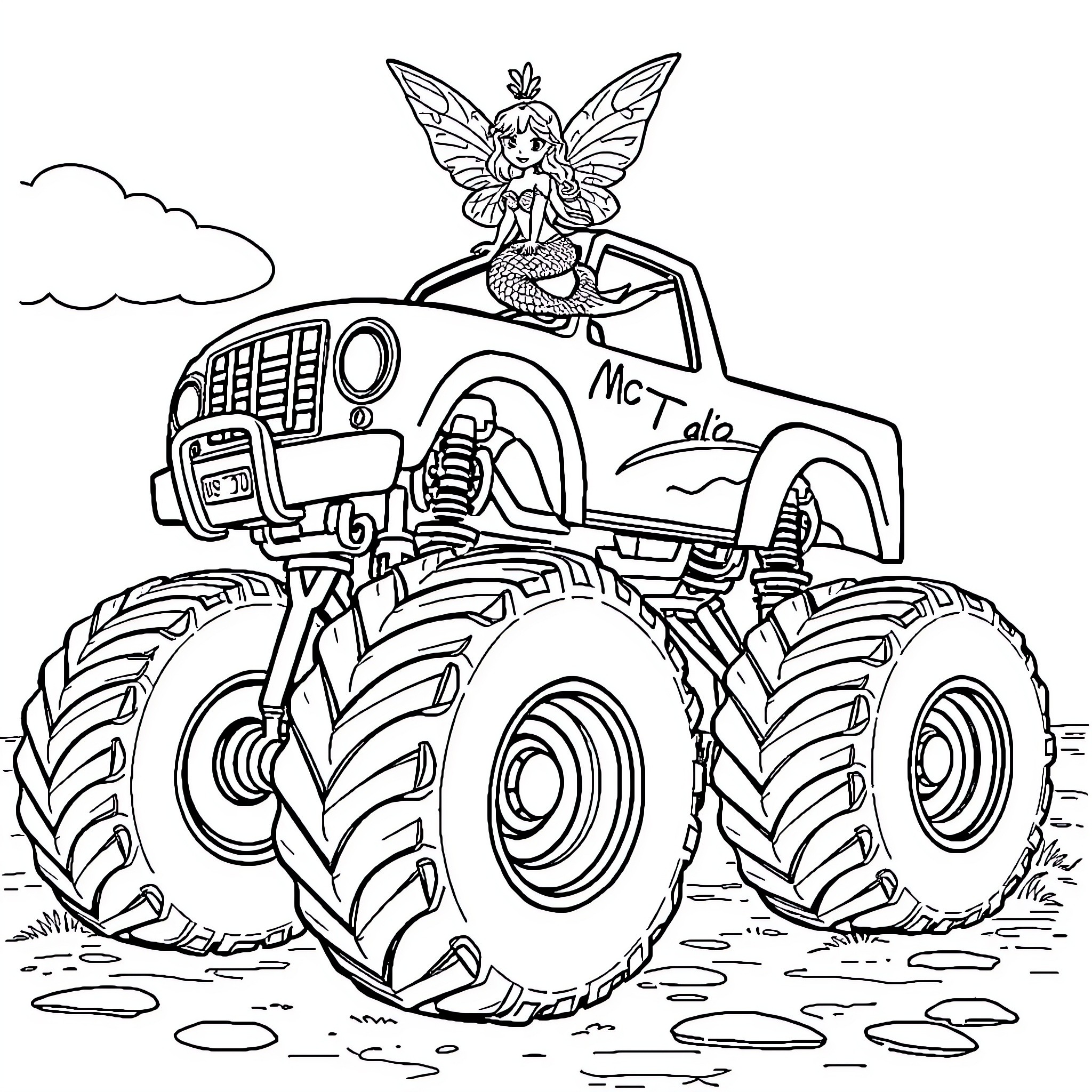 Monster Truck Carrying Fairy in Magical Adventure Coloring Page (free black-and-white line drawing printable PDF for all, from beginners to advanced learners, including children, teens, adults, and seniors)