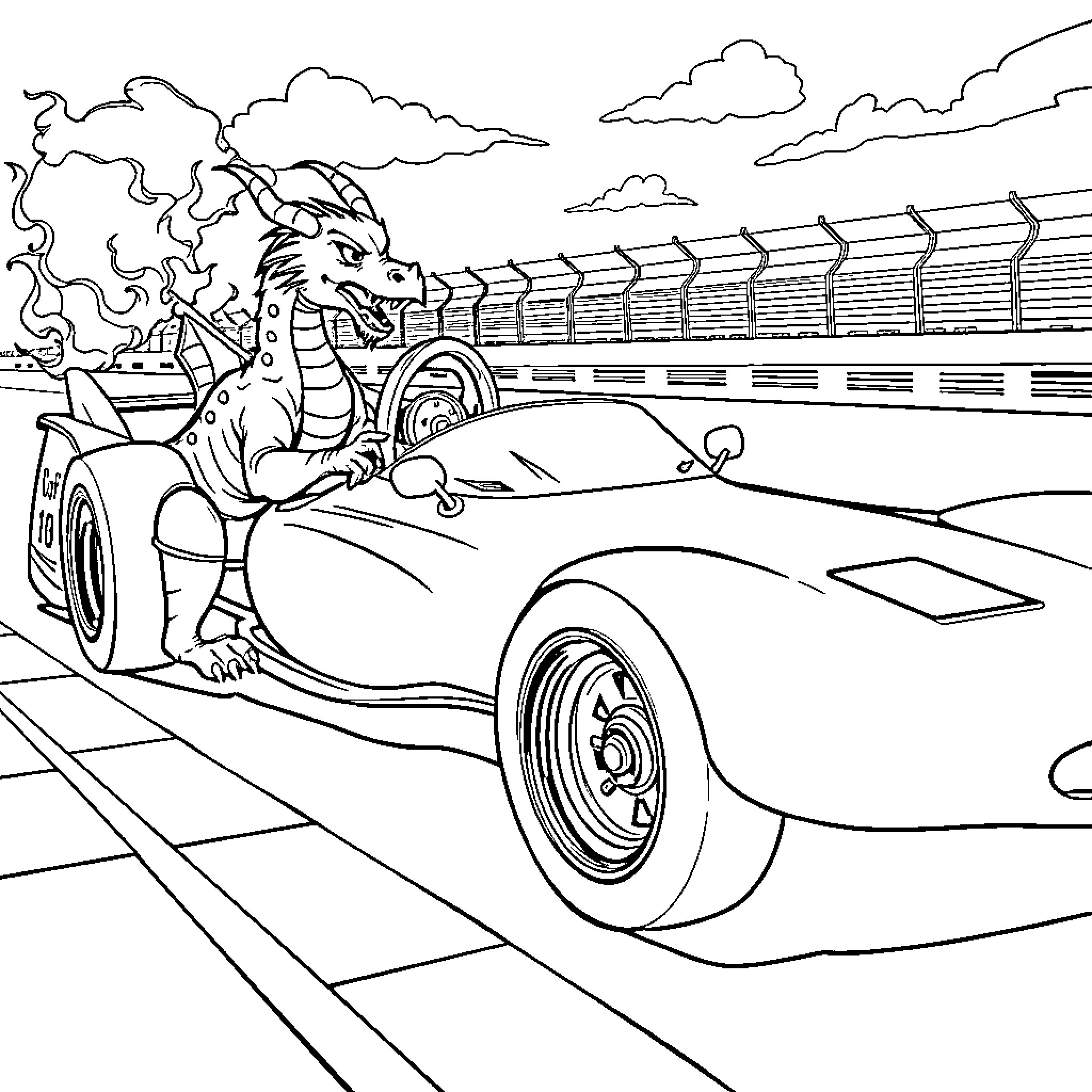 Course Car Racing with Dragon Driver on Track Coloring Page (free black-and-white line drawing printable PDF for all, from beginners to advanced learners, including children, teens, adults, and seniors)