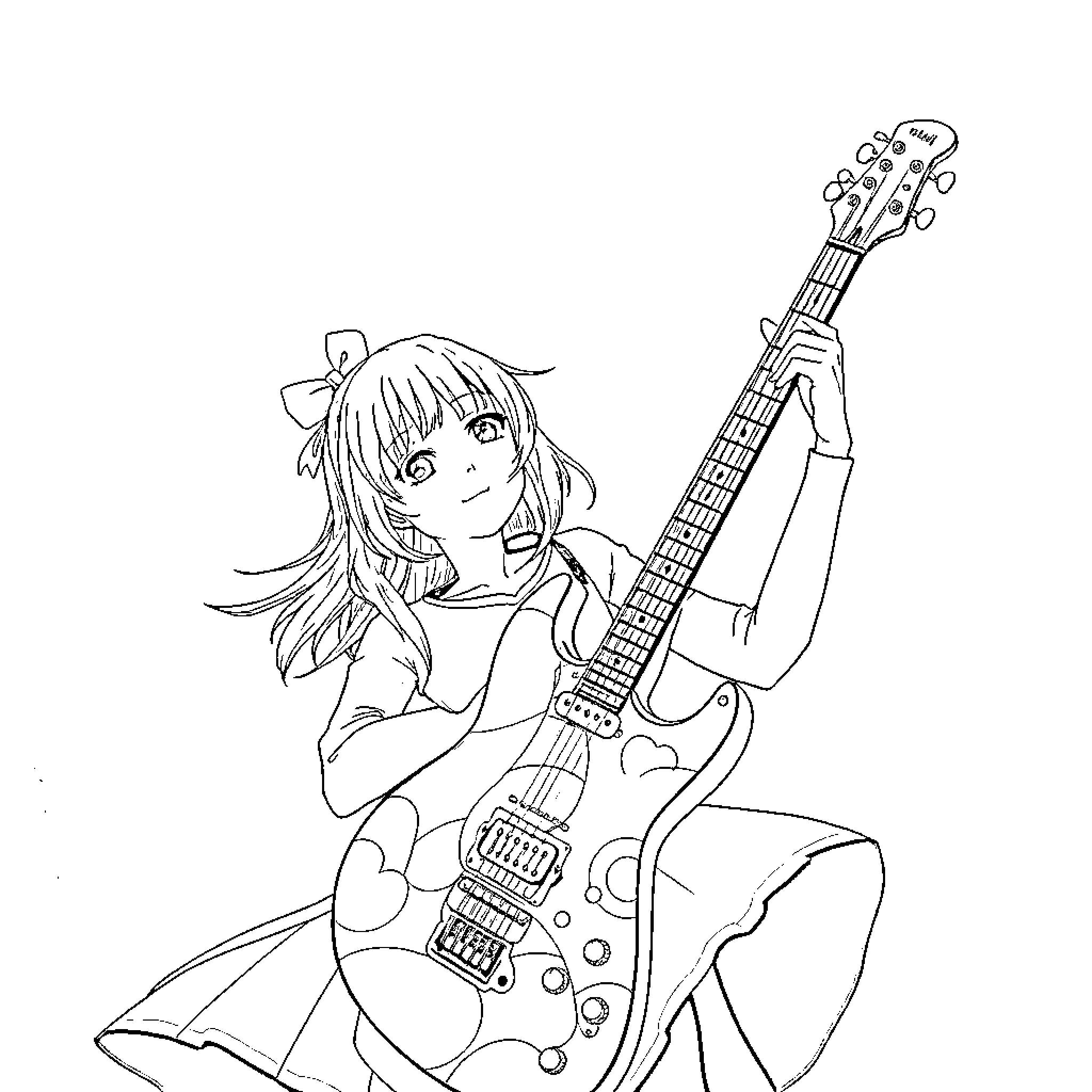 Anime Girl Energetically Playing Electric Guitar Coloring Page (free black-and-white line drawing printable PDF for all, from beginners to advanced learners, including children, teens, adults, and seniors)