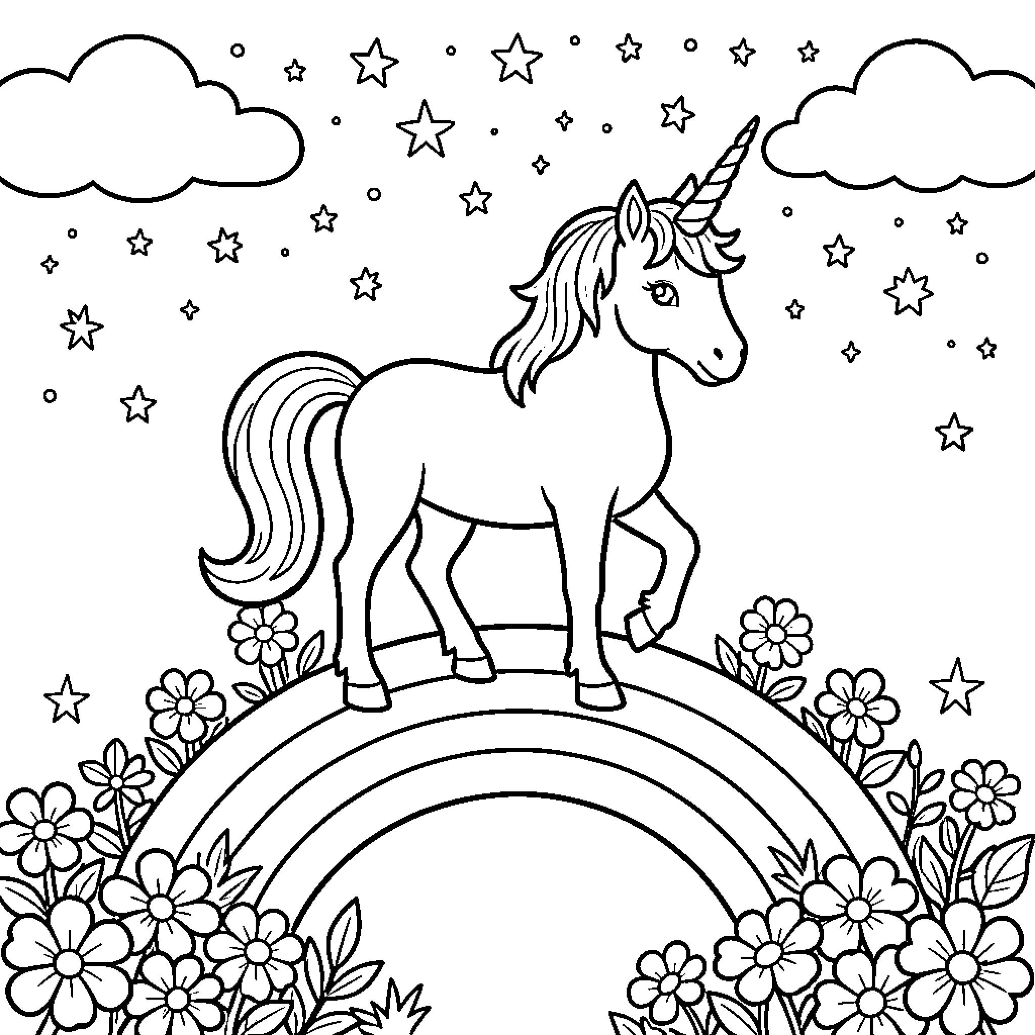 Unicorn standing gracefully on a rainbow among stars Coloring Page (free black-and-white line drawing printable PDF for all, from beginners to advanced learners, including children, teens, adults, and seniors)