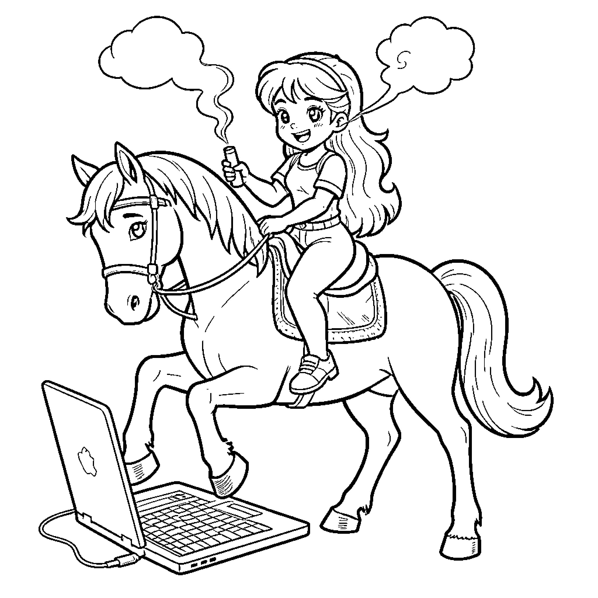 Raiponce riding a horse and using a laptop Coloring Page (free black-and-white line drawing printable PDF for all, from beginners to advanced learners, including children, teens, adults, and seniors)