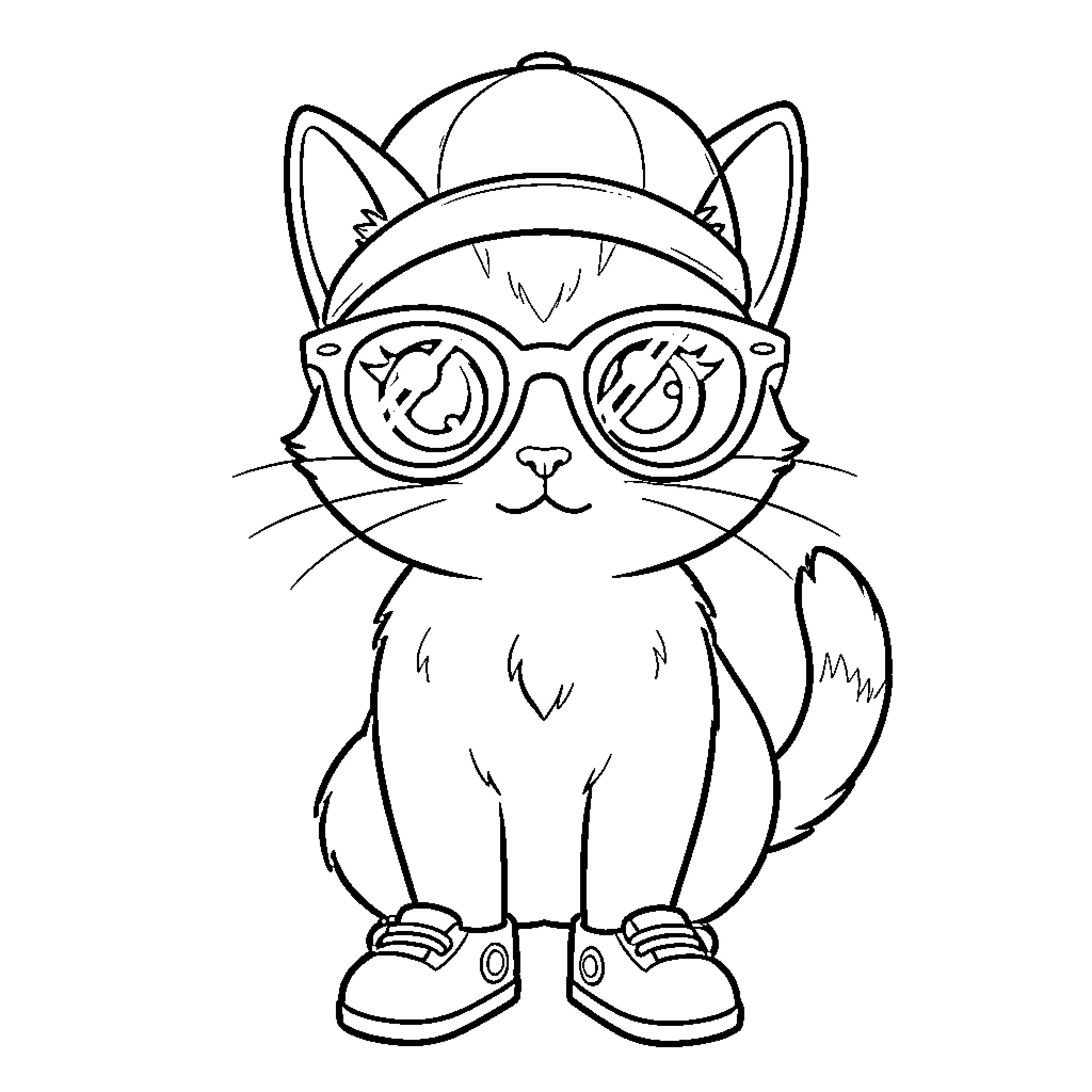 Kitten wearing stylish sunglasses and sneakers Coloring Page (free black-and-white line drawing printable PDF for all, from beginners to advanced learners, including children, teens, adults, and seniors)