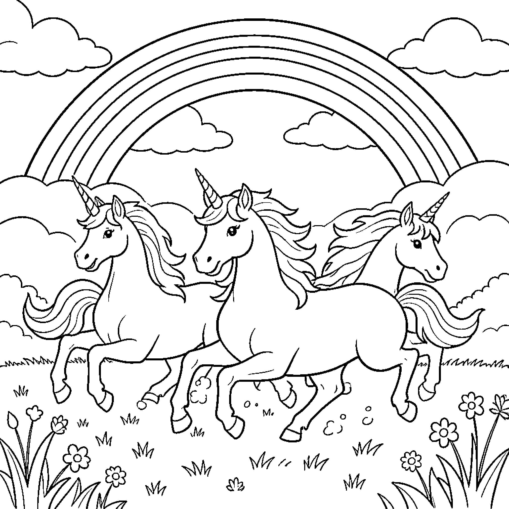 Unicorn Trio Frolicking Under Vibrant Rainbow Coloring Page (free black-and-white line drawing printable PDF for all, from beginners to advanced learners, including children, teens, adults, and seniors)