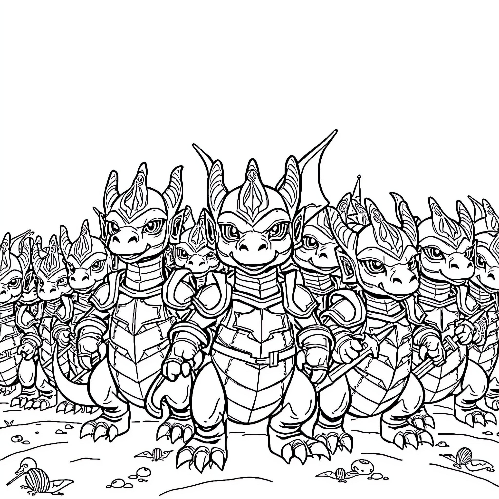 Dragon Horde Gathered for an Adventure Coloring Page (free black-and-white line drawing printable PDF for all, from beginners to advanced learners, including children, teens, adults, and seniors)
