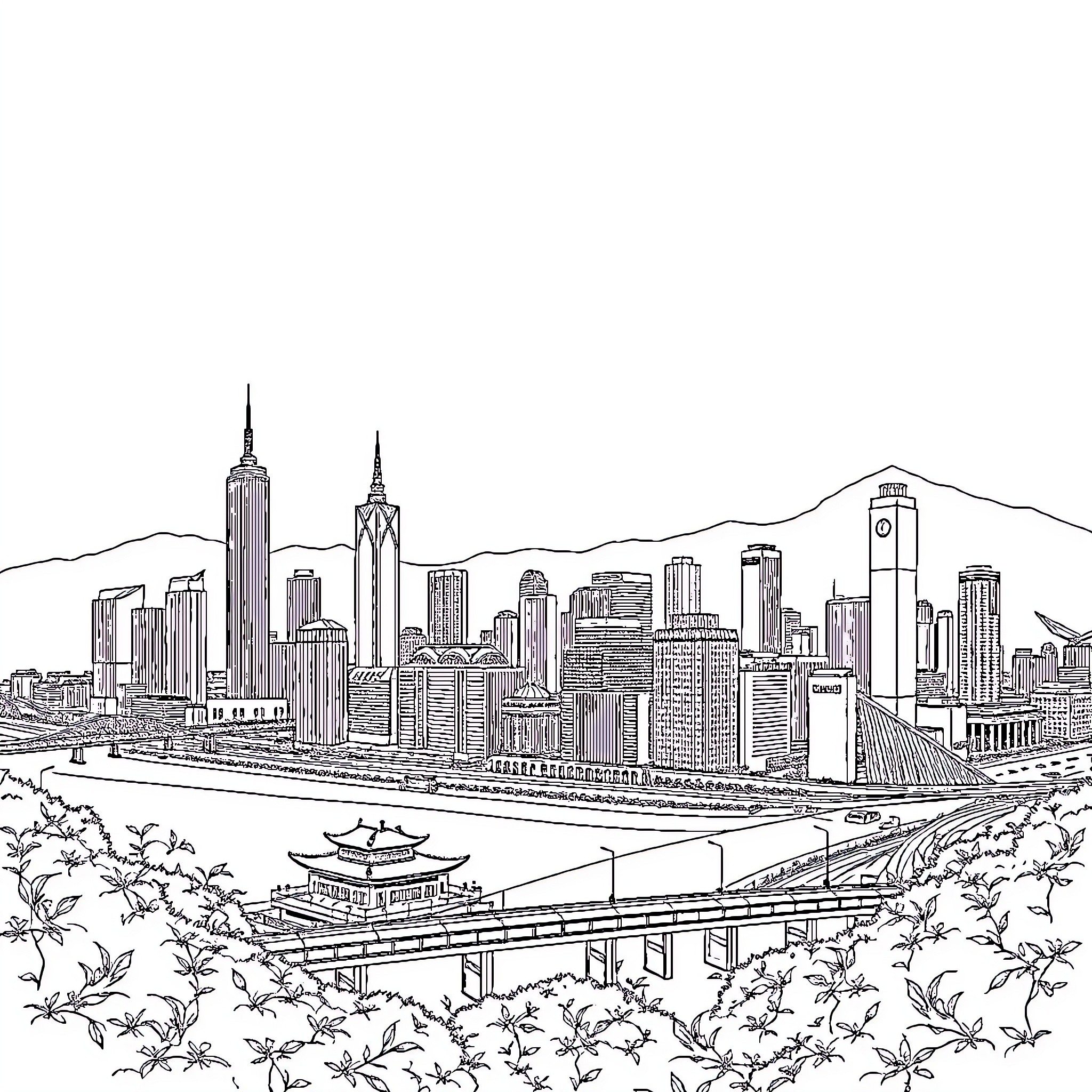 Chongqing cityscape with towering skyscrapers and mountainous backdrop Coloring Page (free black-and-white line drawing printable PDF for all, from beginners to advanced learners, including children, teens, adults, and seniors)