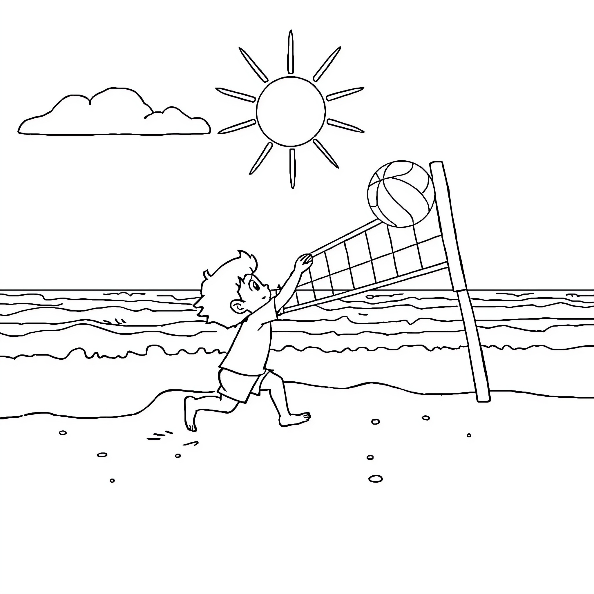 Pichu playing volleyball on the beach Coloring Page (free black-and-white line drawing printable PDF for all, from beginners to advanced learners, including children, teens, adults, and seniors)