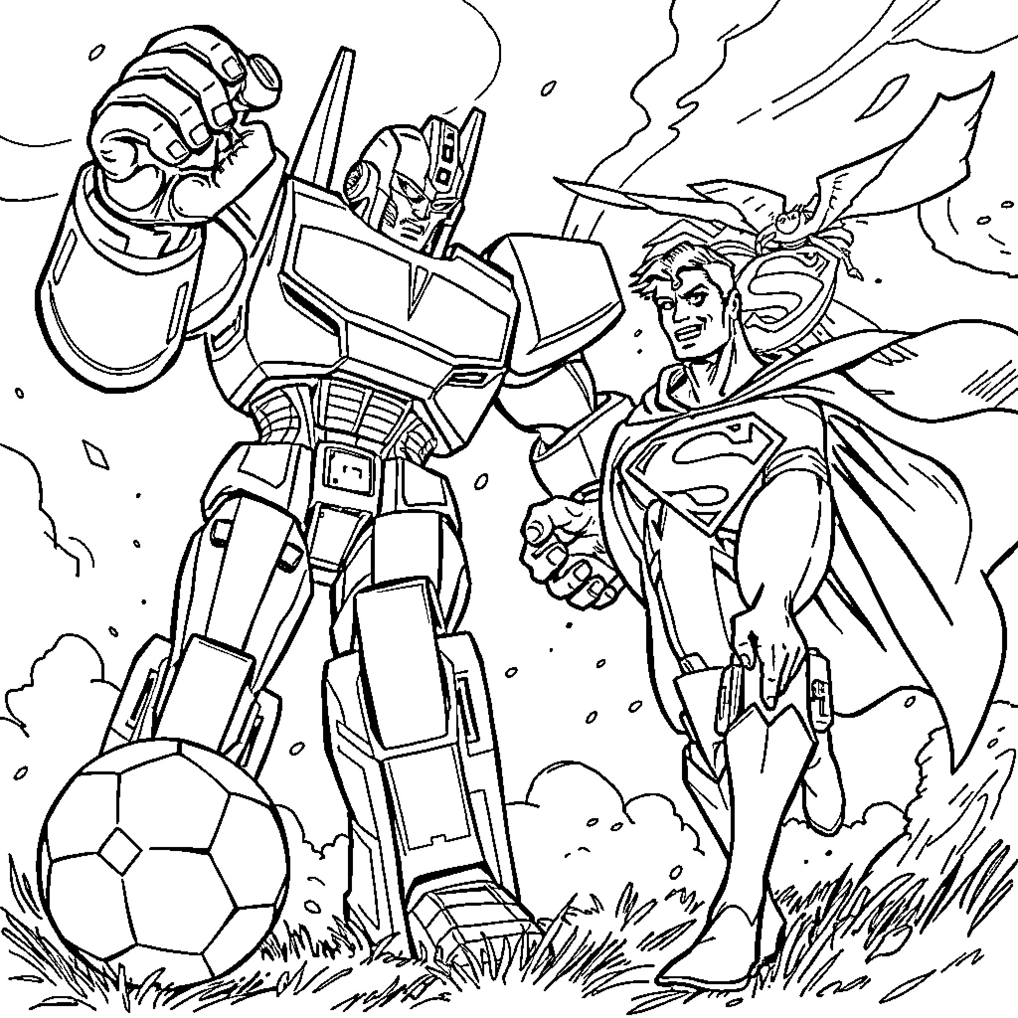 Megatron confronts the heroic Superhero on the battlefield Coloring Page (free black-and-white line drawing printable PDF for all, from beginners to advanced learners, including children, teens, adults, and seniors)
