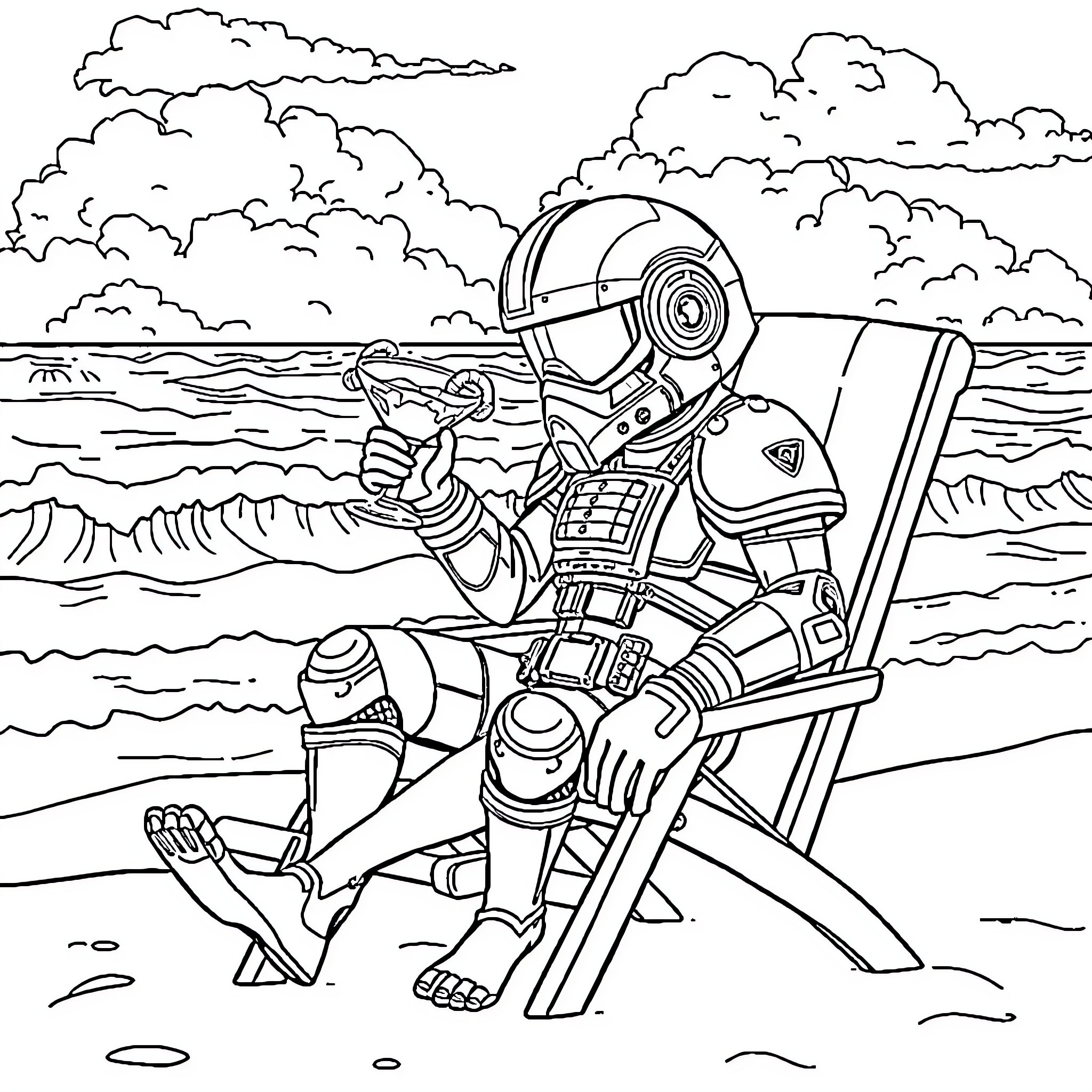 Chaos Space Marine in combat on a stormy ocean Coloring Page (free black-and-white line drawing printable PDF for all, from beginners to advanced learners, including children, teens, adults, and seniors)