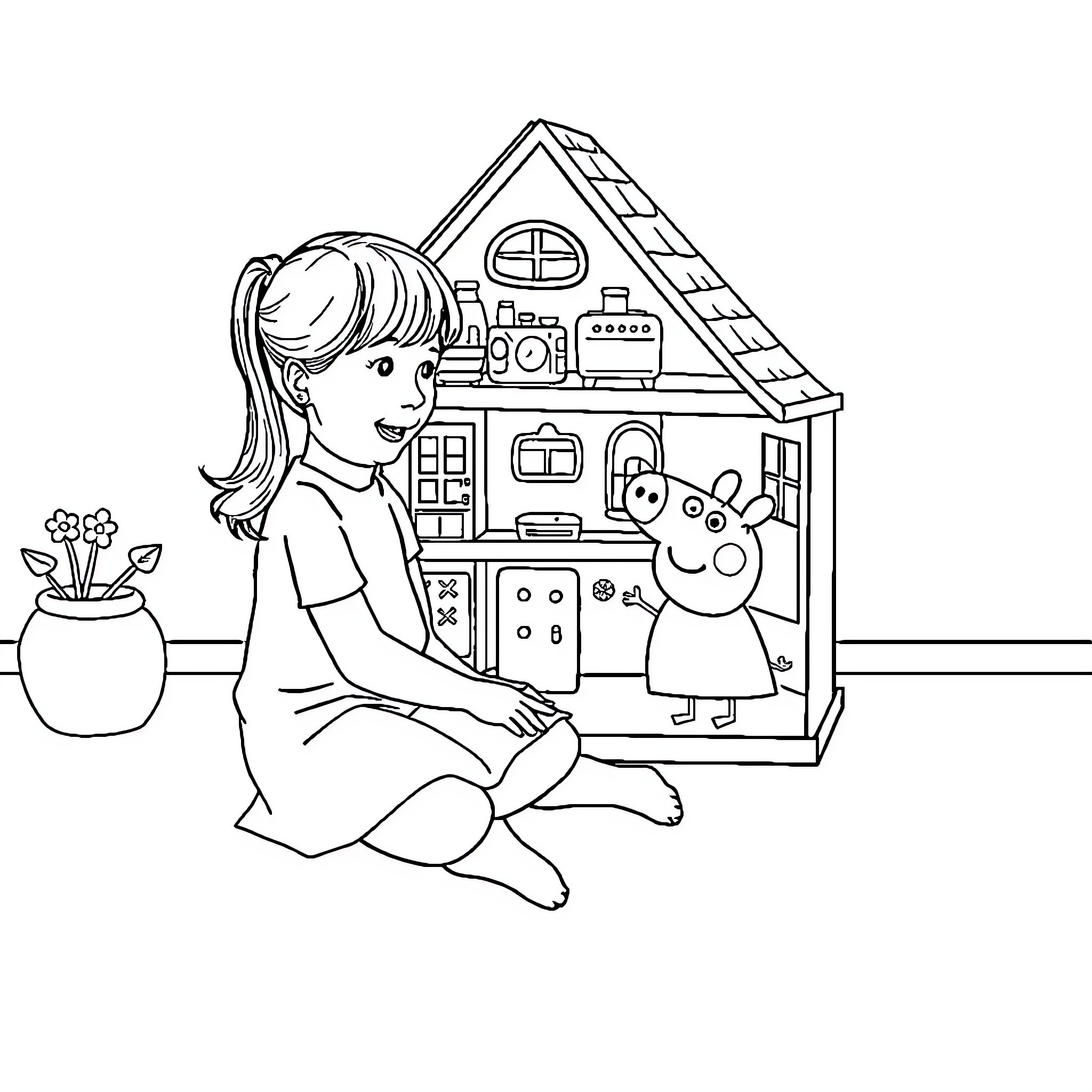 Girl playing with toys in her playhouse Coloring Page (free black-and-white line drawing printable PDF for all, from beginners to advanced learners, including children, teens, adults, and seniors)