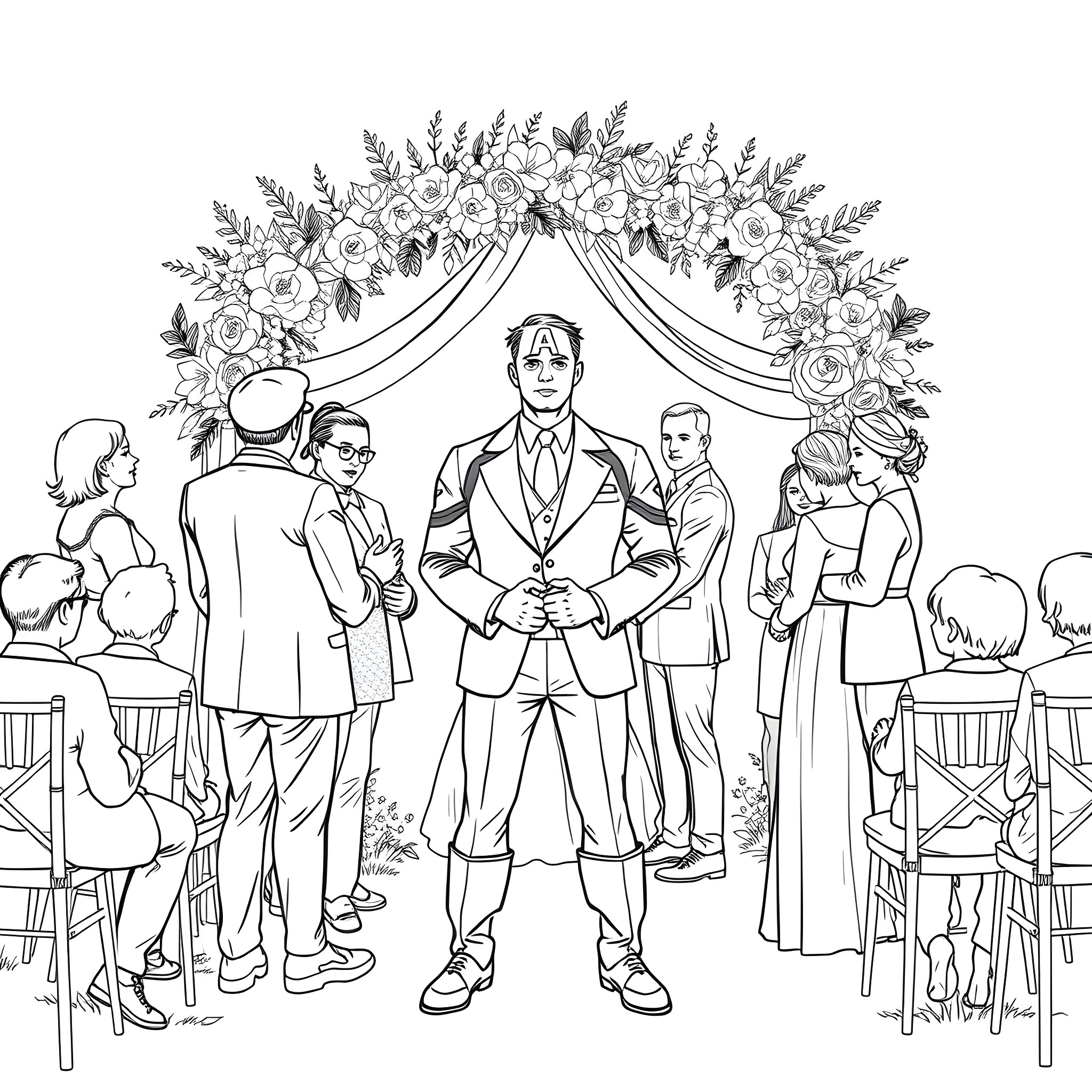 Captain America's Formal Wedding Ceremony Coloring Page (free black-and-white line drawing printable PDF for all, from beginners to advanced learners, including children, teens, adults, and seniors)