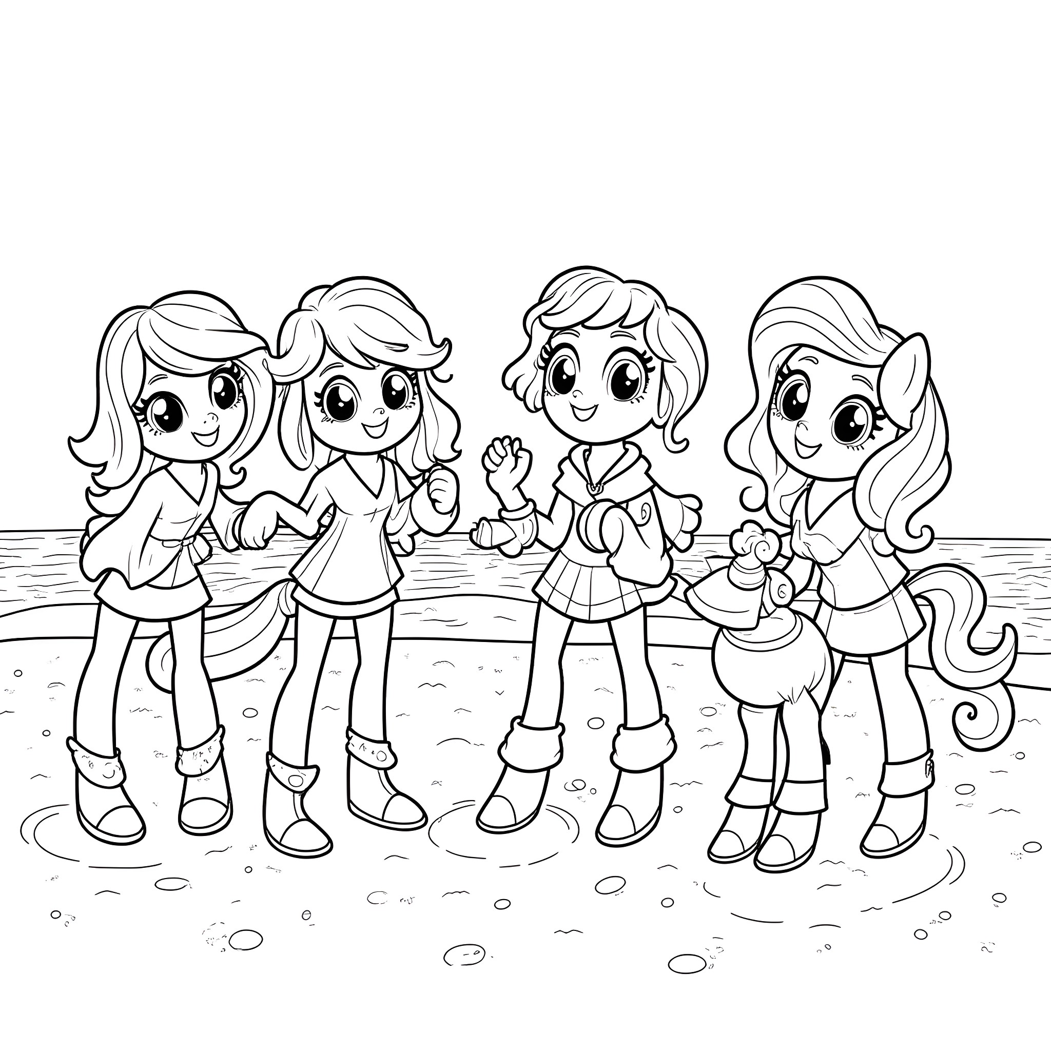 Pony friends enjoying a day at the beach Coloring Page (free black-and-white line drawing printable PDF for all, from beginners to advanced learners, including children, teens, adults, and seniors)