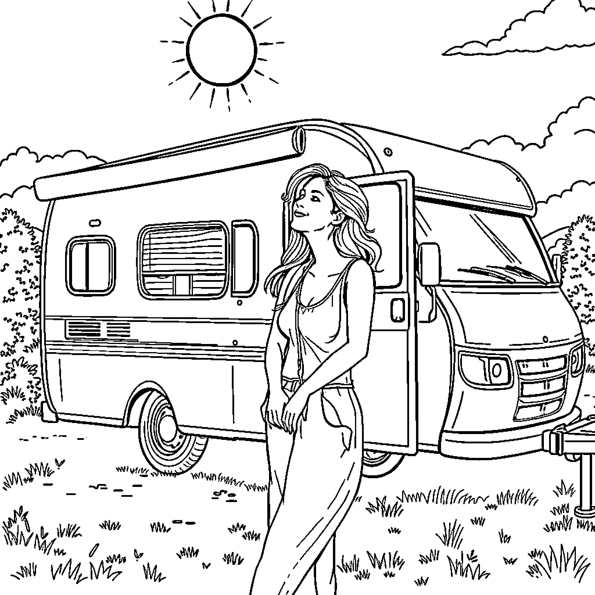 Woman standing by a recreational vehicle in nature Coloring Page (free black-and-white line drawing printable PDF for all, from beginners to advanced learners, including children, teens, adults, and seniors)