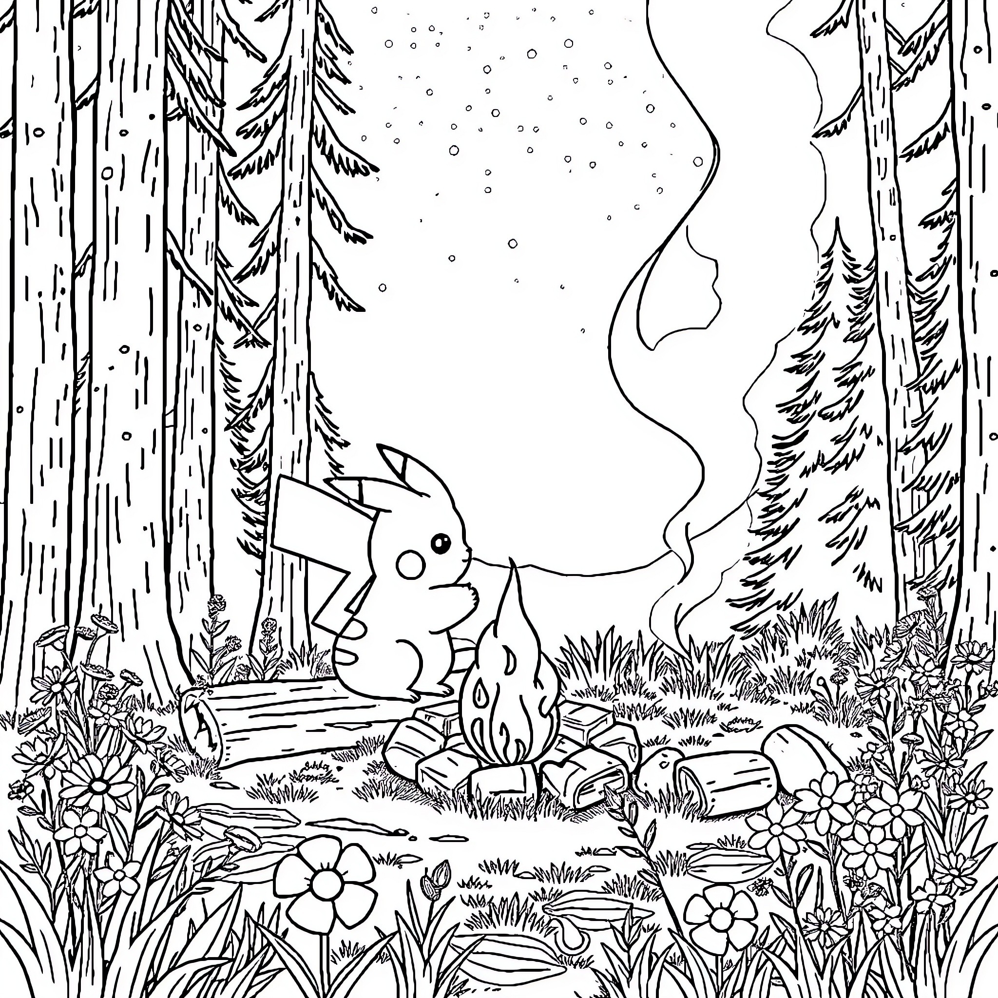 Pikachu enjoying a cozy forest scene Coloring Page (free black-and-white line drawing printable PDF for all, from beginners to advanced learners, including children, teens, adults, and seniors)