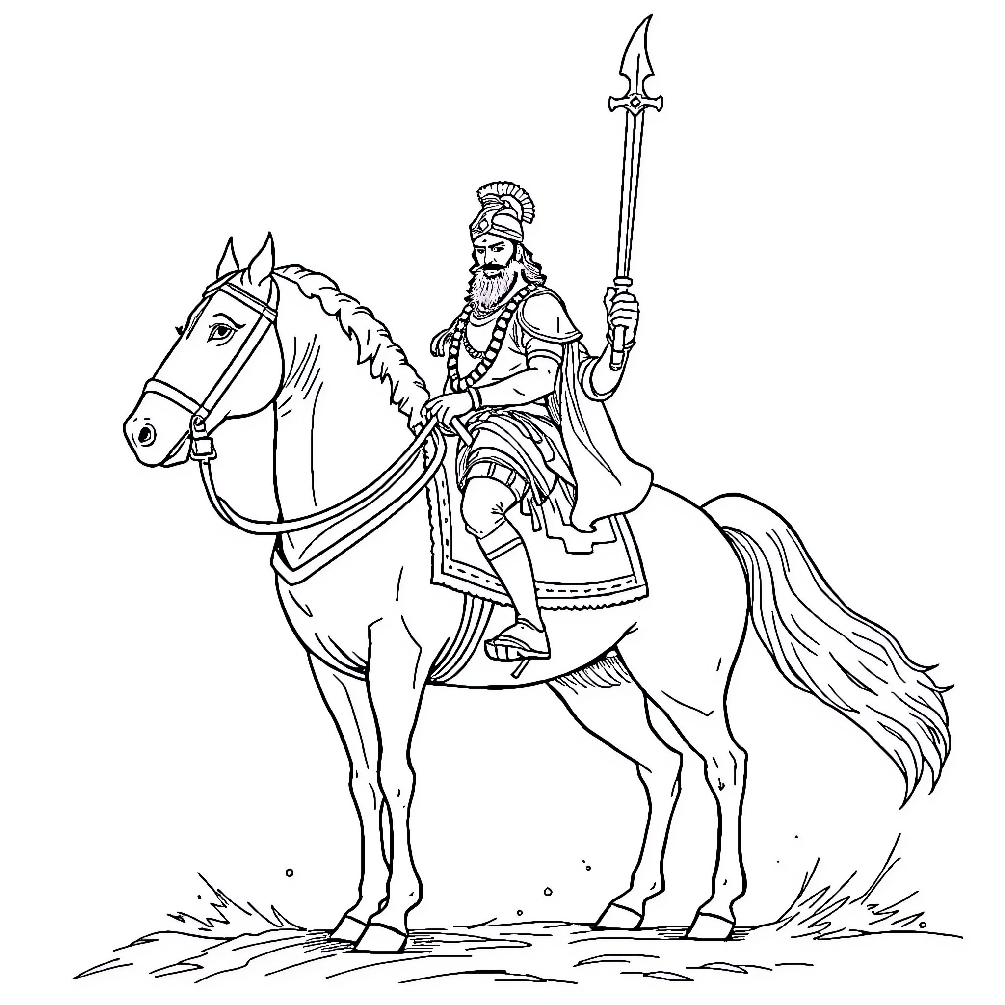 Shivaji Maharaj on horseback with spear Coloring Page (free black-and-white line drawing printable PDF for all, from beginners to advanced learners, including children, teens, adults, and seniors)