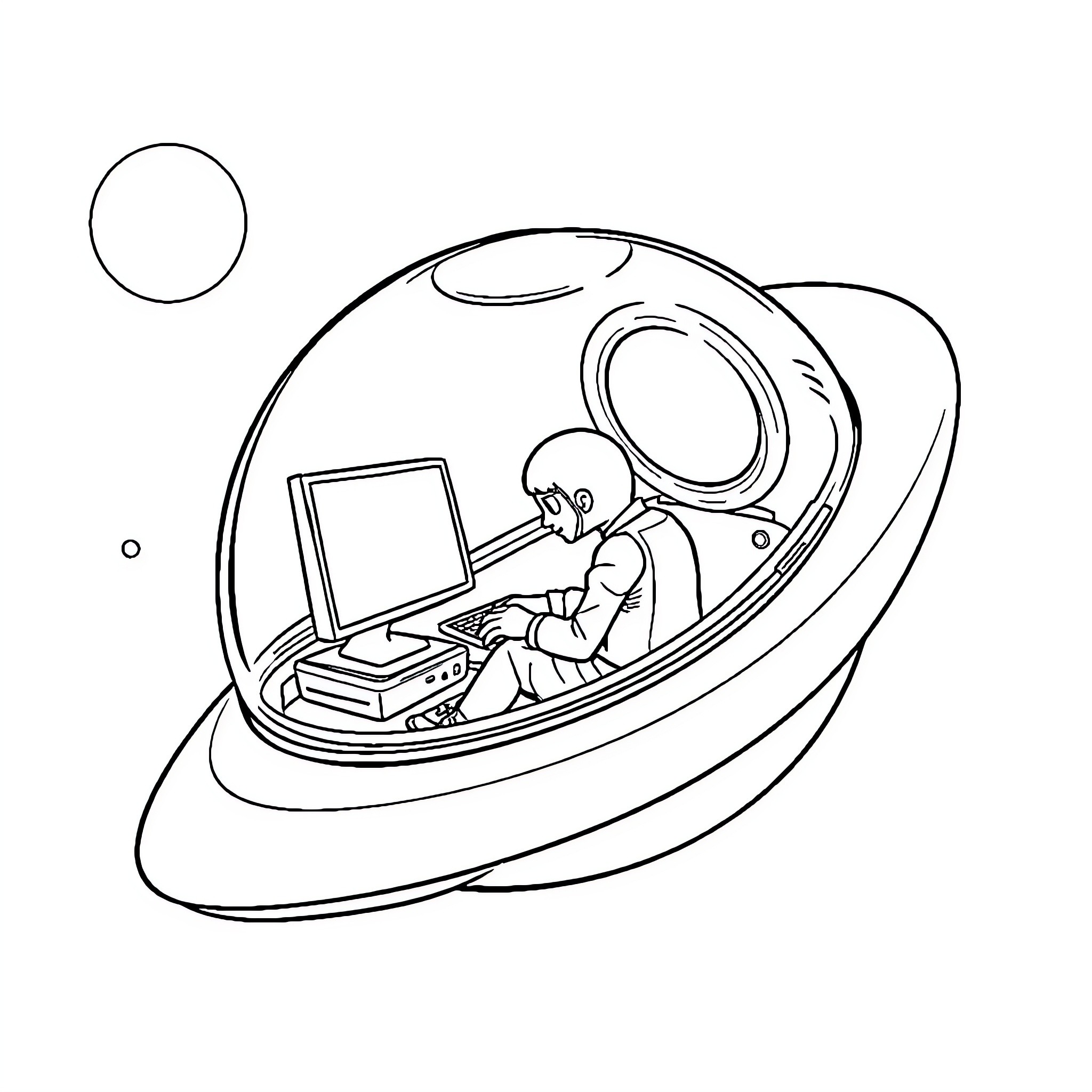 Flying Saucer with Astronaut Operating Computer Coloring Page (free black-and-white line drawing printable PDF for all, from beginners to advanced learners, including children, teens, adults, and seniors)
