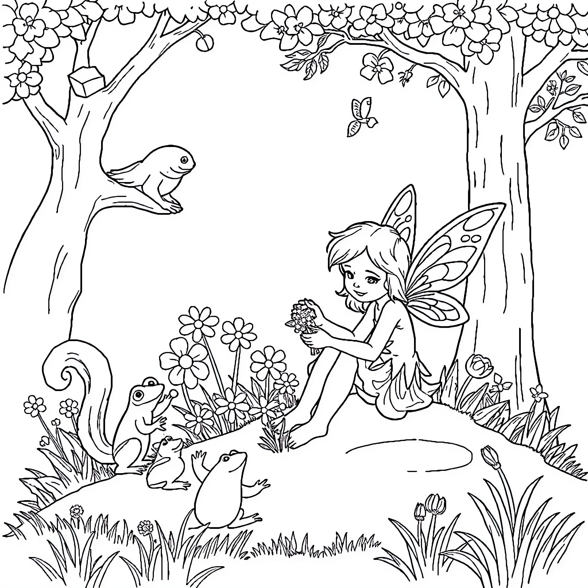 Fairy interacts with friendly animals in woodland scene Coloring Page (free black-and-white line drawing printable PDF for all, from beginners to advanced learners, including children, teens, adults, and seniors)
