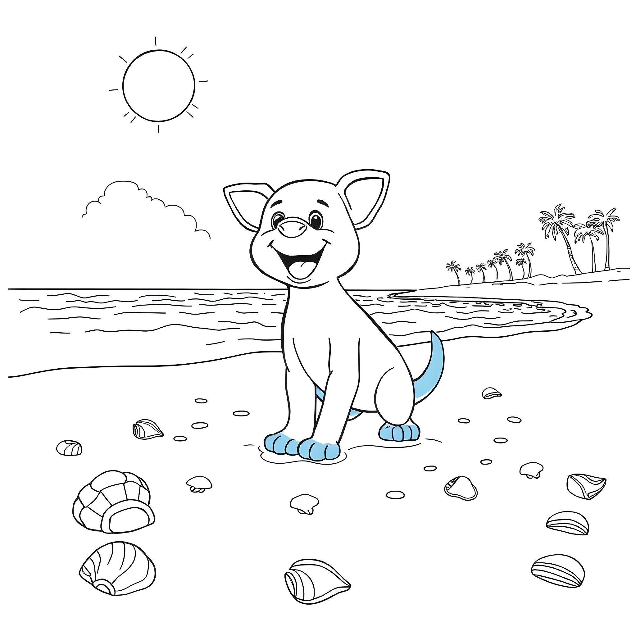 Bluey playing happily on the beach Coloring Page (free black-and-white line drawing printable PDF for all, from beginners to advanced learners, including children, teens, adults, and seniors)