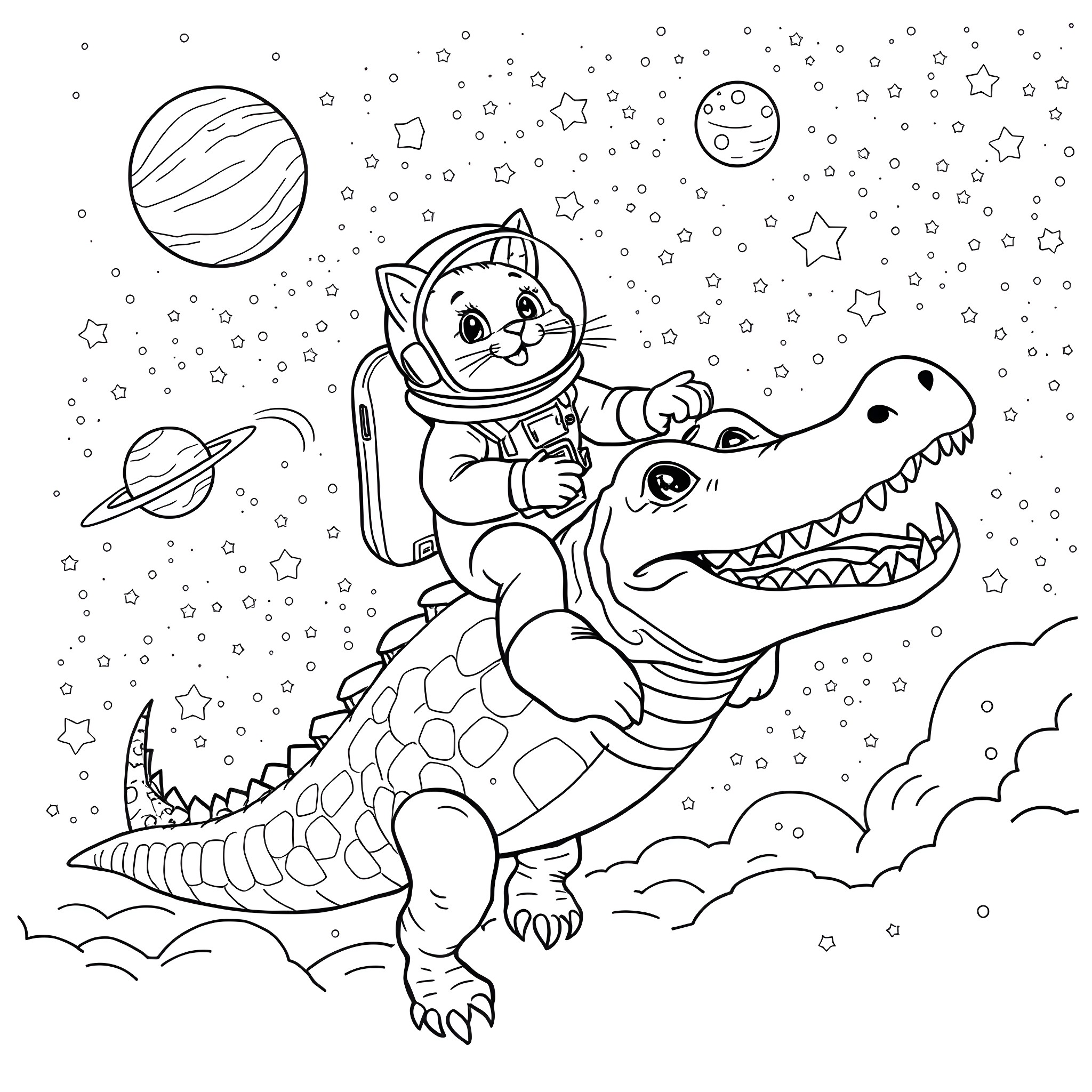 Cat astronaut riding a friendly space dinosaur Coloring Page (free black-and-white line drawing printable PDF for all, from beginners to advanced learners, including children, teens, adults, and seniors)