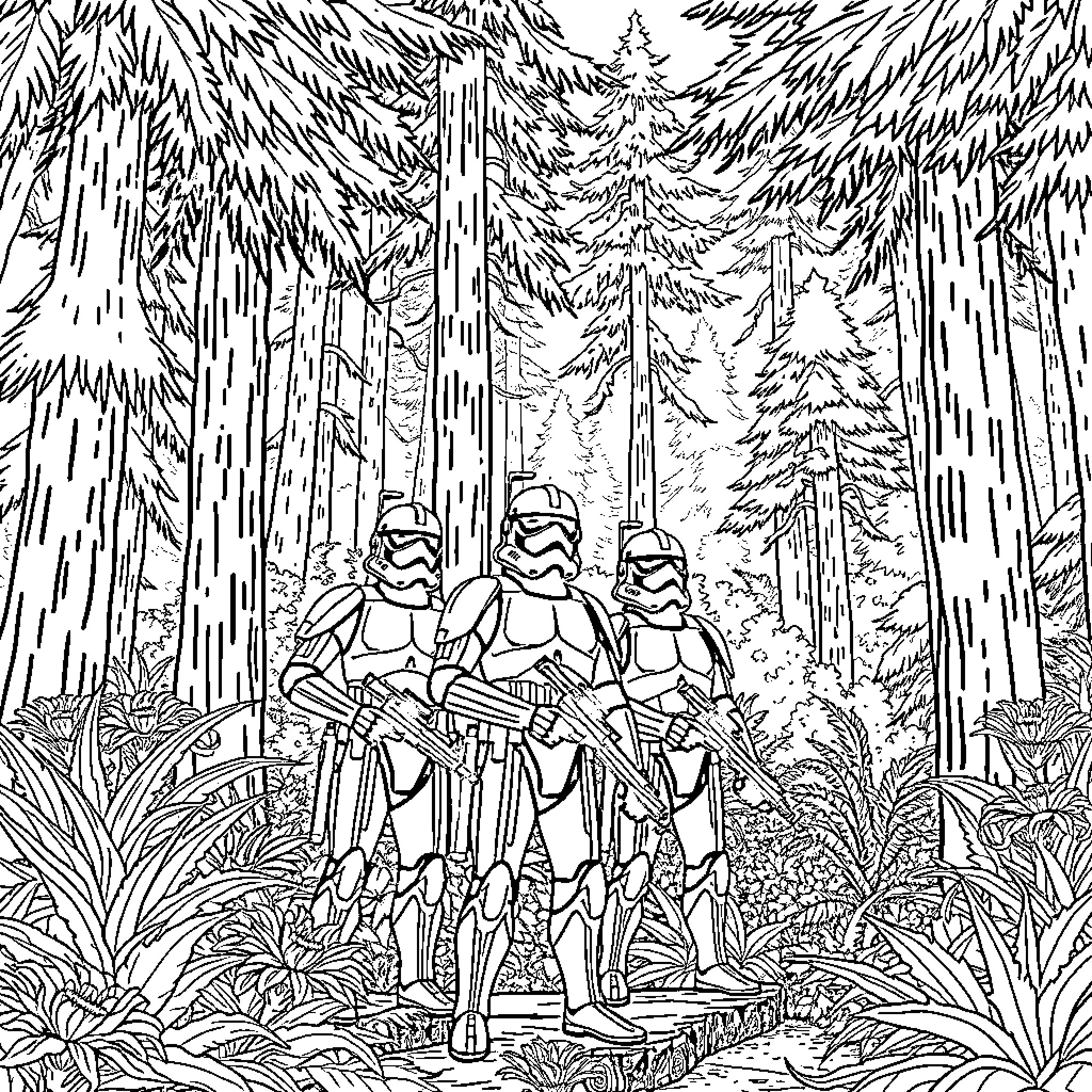 Clone Troopers in the Forested Wilderness Coloring Page (free black-and-white line drawing printable PDF for all, from beginners to advanced learners, including children, teens, adults, and seniors)