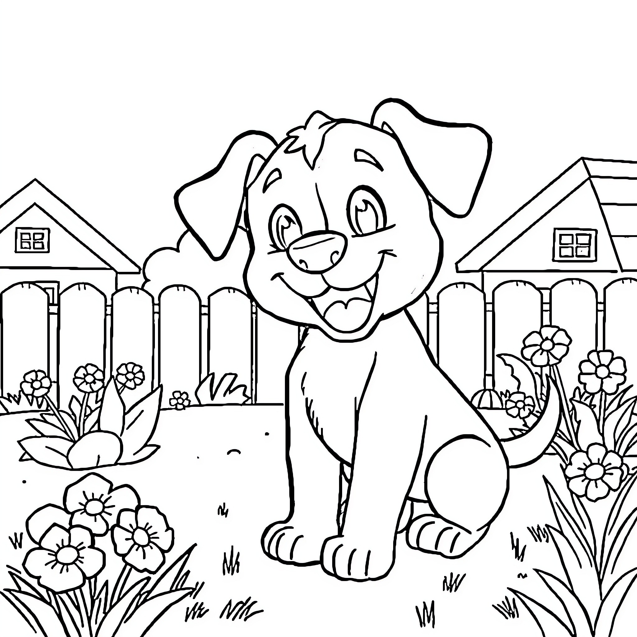 Bluey puppy having fun in the garden Coloring Page (free black-and-white line drawing printable PDF for all, from beginners to advanced learners, including children, teens, adults, and seniors)