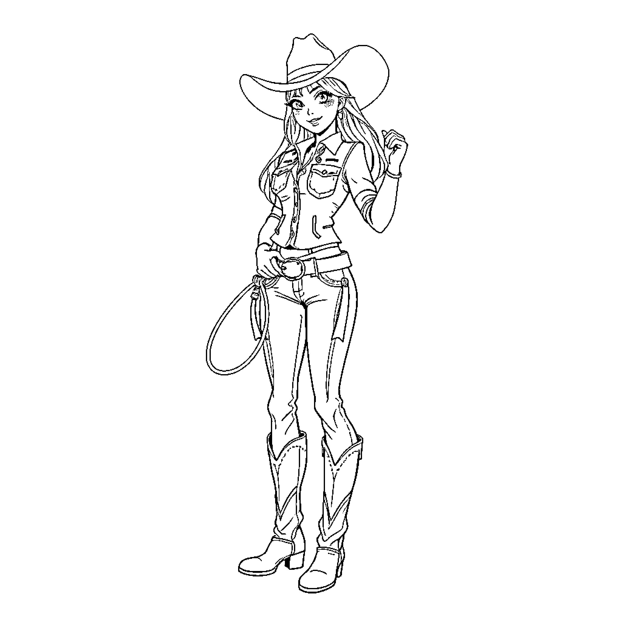 Cowgirl in western outfit posing with confidence Coloring Page (free black-and-white line drawing printable PDF for all, from beginners to advanced learners, including children, teens, adults, and seniors)