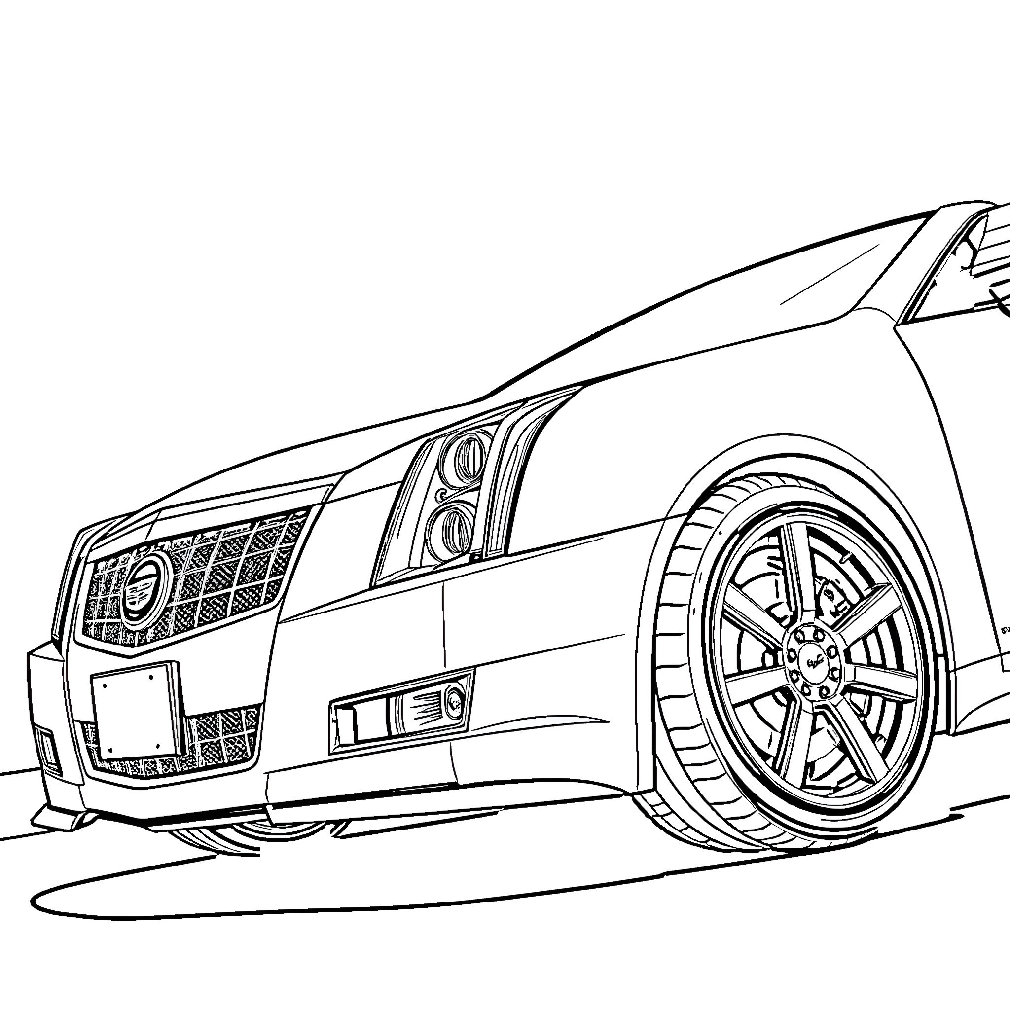 Cadillac luxury sports car on the road Coloring Page (free black-and-white line drawing printable PDF for all, from beginners to advanced learners, including children, teens, adults, and seniors)
