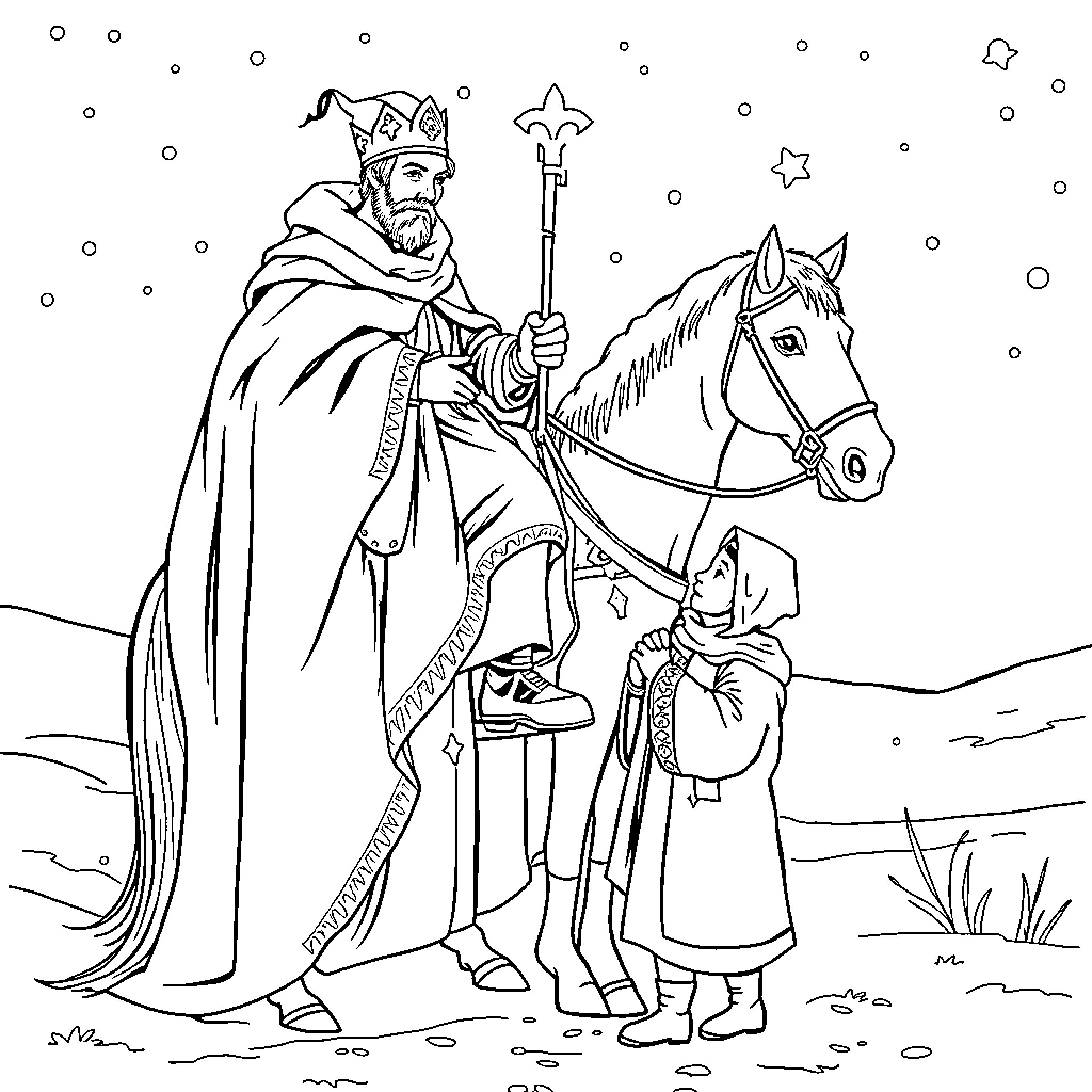 St. Martin on horseback helping a person Coloring Page (free black-and-white line drawing printable PDF for all, from beginners to advanced learners, including children, teens, adults, and seniors)