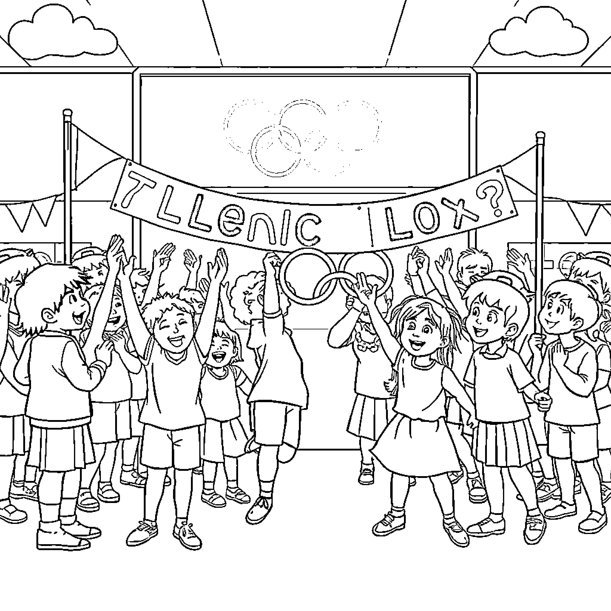 Olympic Games - Celebratory Scene with Cheering Crowd Coloring Page (free black-and-white line drawing printable PDF for all, from beginners to advanced learners, including children, teens, adults, and seniors)