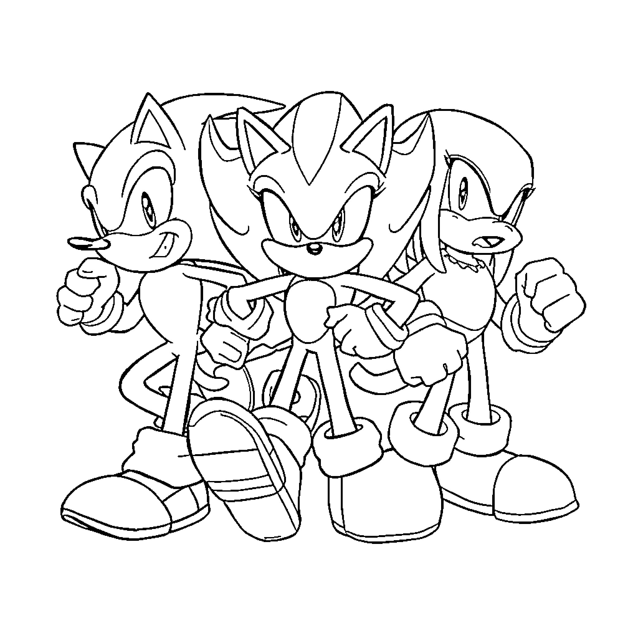Sonic and friends in action poses Coloring Page (free black-and-white line drawing printable PDF for all, from beginners to advanced learners, including children, teens, adults, and seniors)