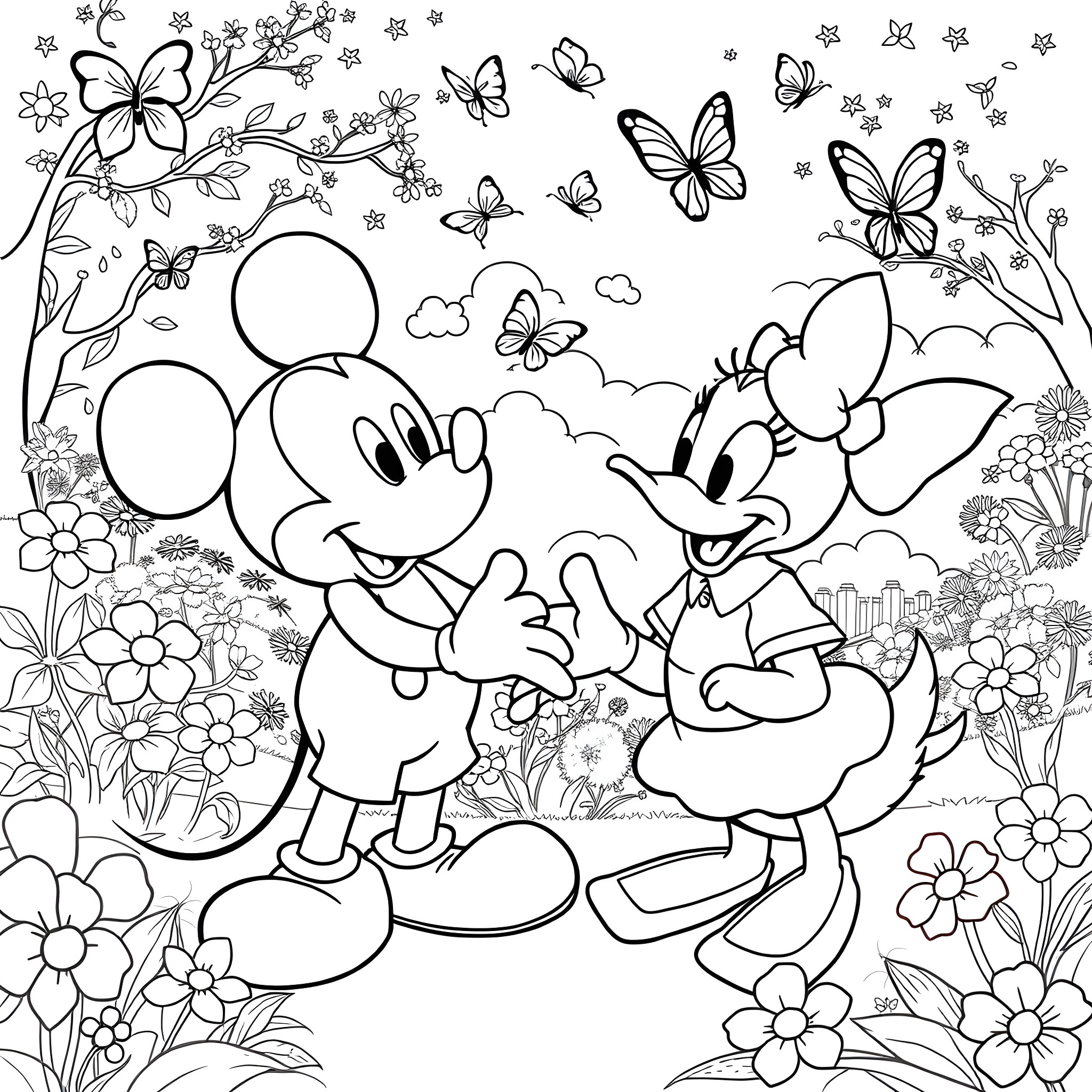 Mickey Mouse and Minnie Mouse in a Whimsical Floral Scene Coloring Page (free black-and-white line drawing printable PDF for all, from beginners to advanced learners, including children, teens, adults, and seniors)