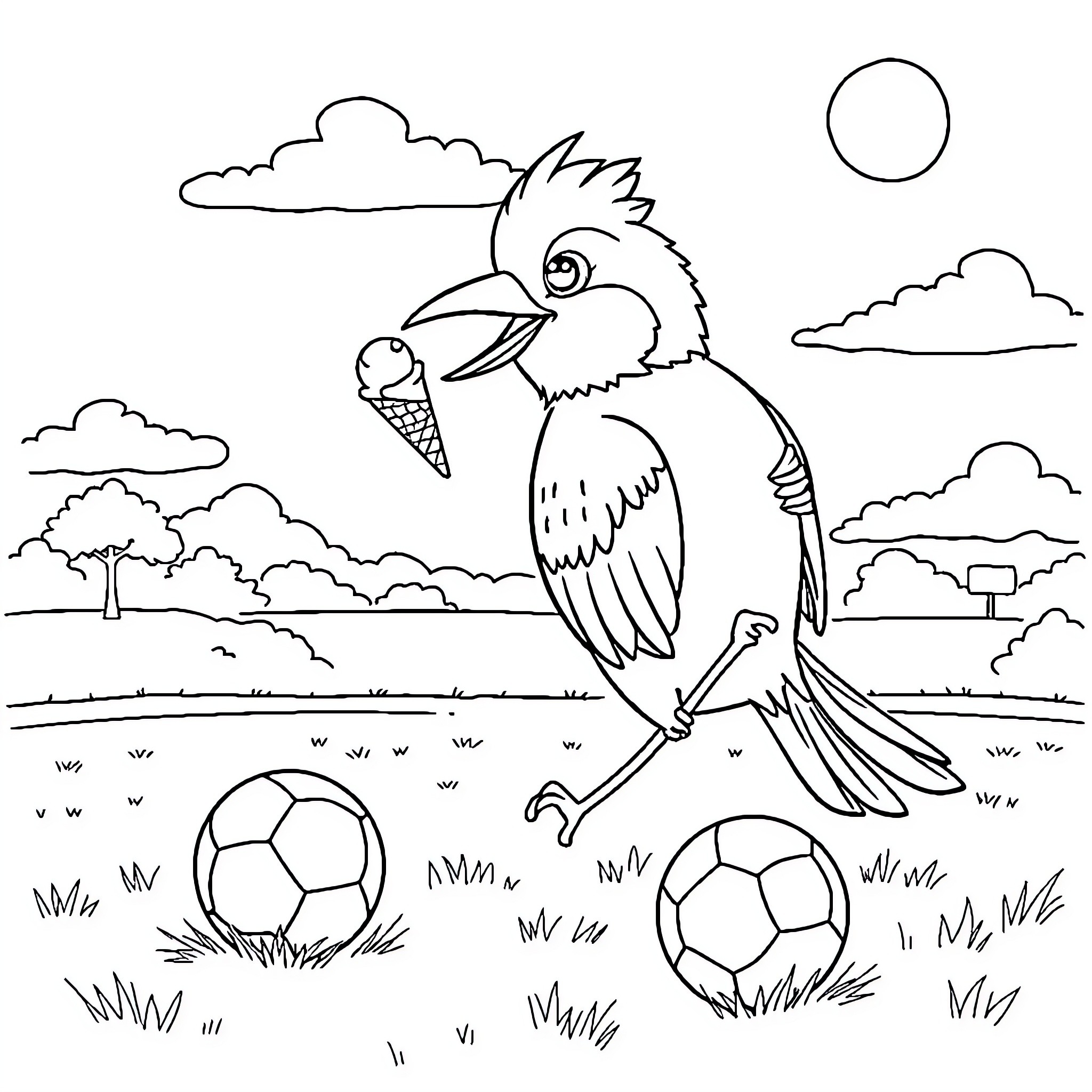 Bird playing with soccer balls in the park Coloring Page (free black-and-white line drawing printable PDF for all, from beginners to advanced learners, including children, teens, adults, and seniors)