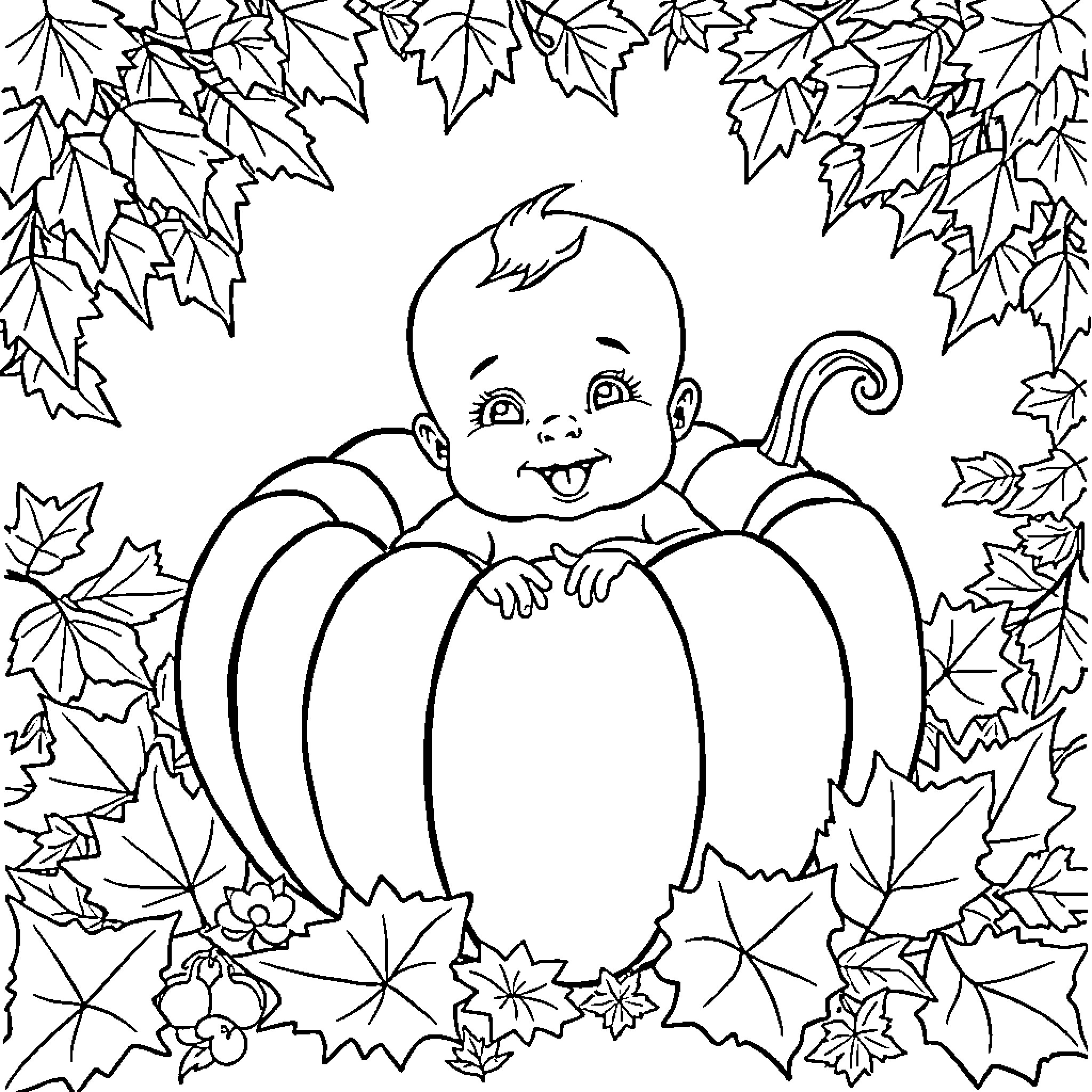 Baby sitting happily in pumpkin among autumn leaves Coloring Page (free black-and-white line drawing printable PDF for all, from beginners to advanced learners, including children, teens, adults, and seniors)