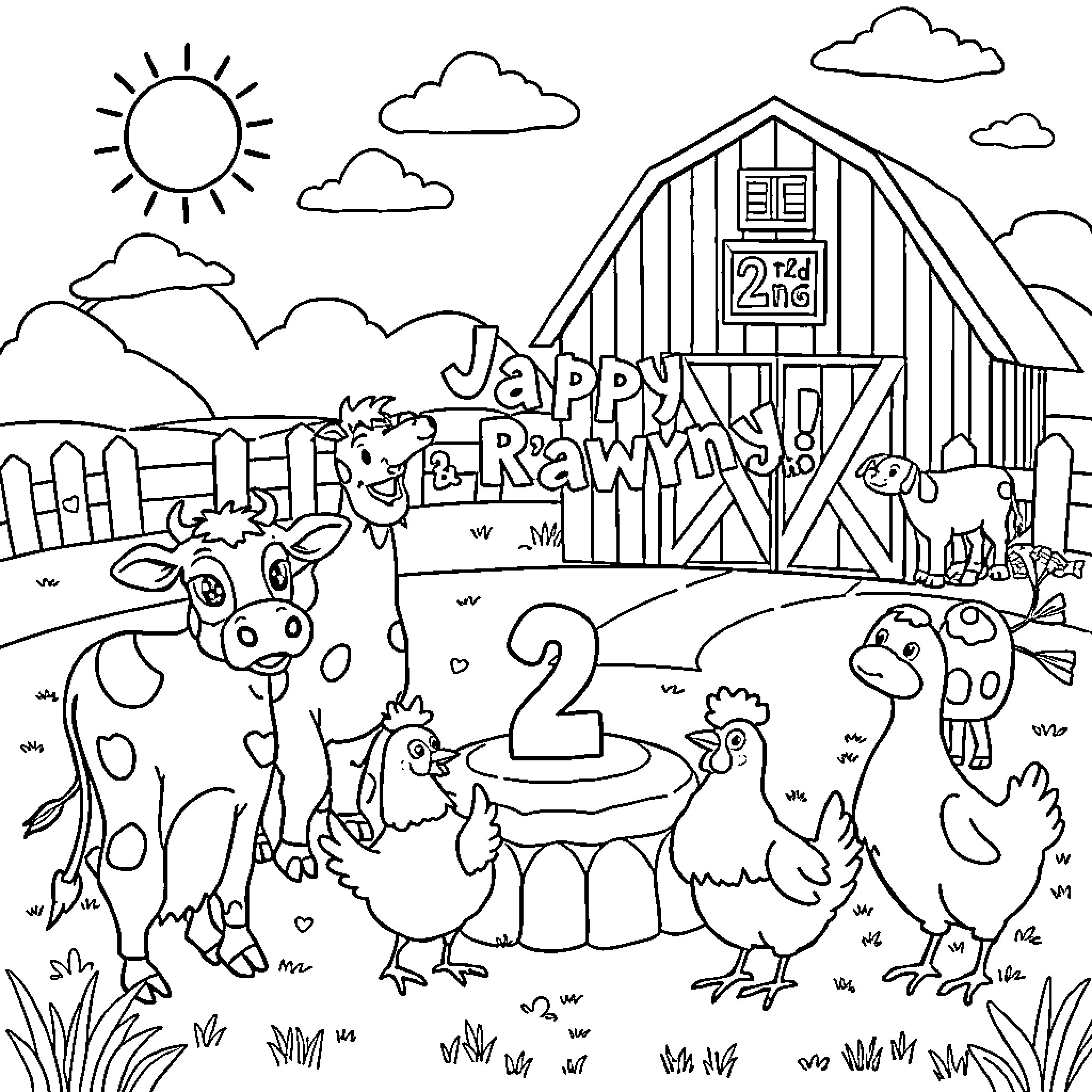 Farm Animals Celebrate Jappy 2 Rawnis in a Rustic Barn Coloring Page (free black-and-white line drawing printable PDF for all, from beginners to advanced learners, including children, teens, adults, and seniors)