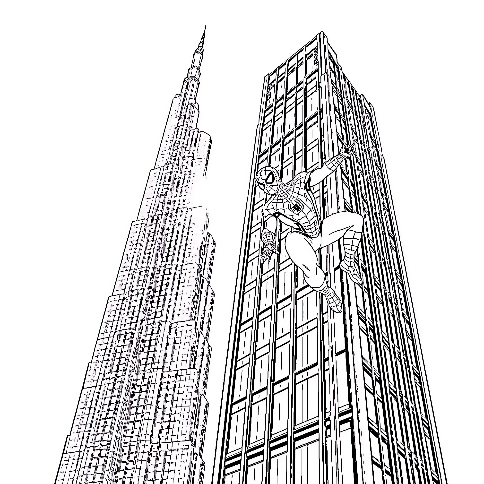 Spiderman scaling skyscraper towers in the city Coloring Page (free black-and-white line drawing printable PDF for all, from beginners to advanced learners, including children, teens, adults, and seniors)