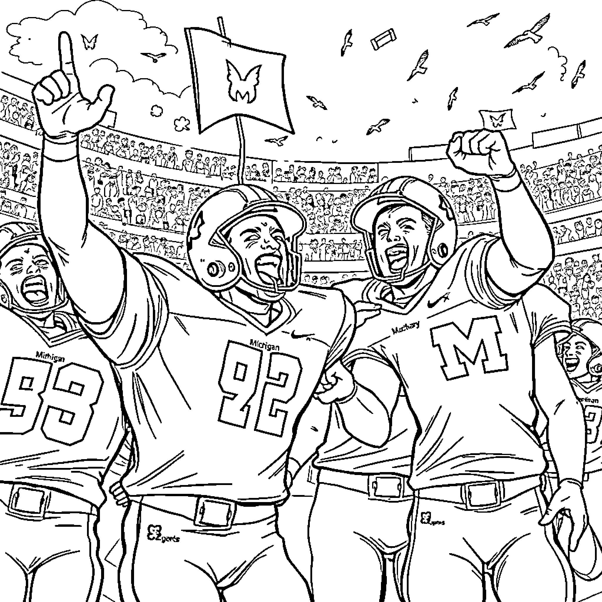 Michigan athletes celebrating victory in football stadium Coloring Page (free black-and-white line drawing printable PDF for all, from beginners to advanced learners, including children, teens, adults, and seniors)
