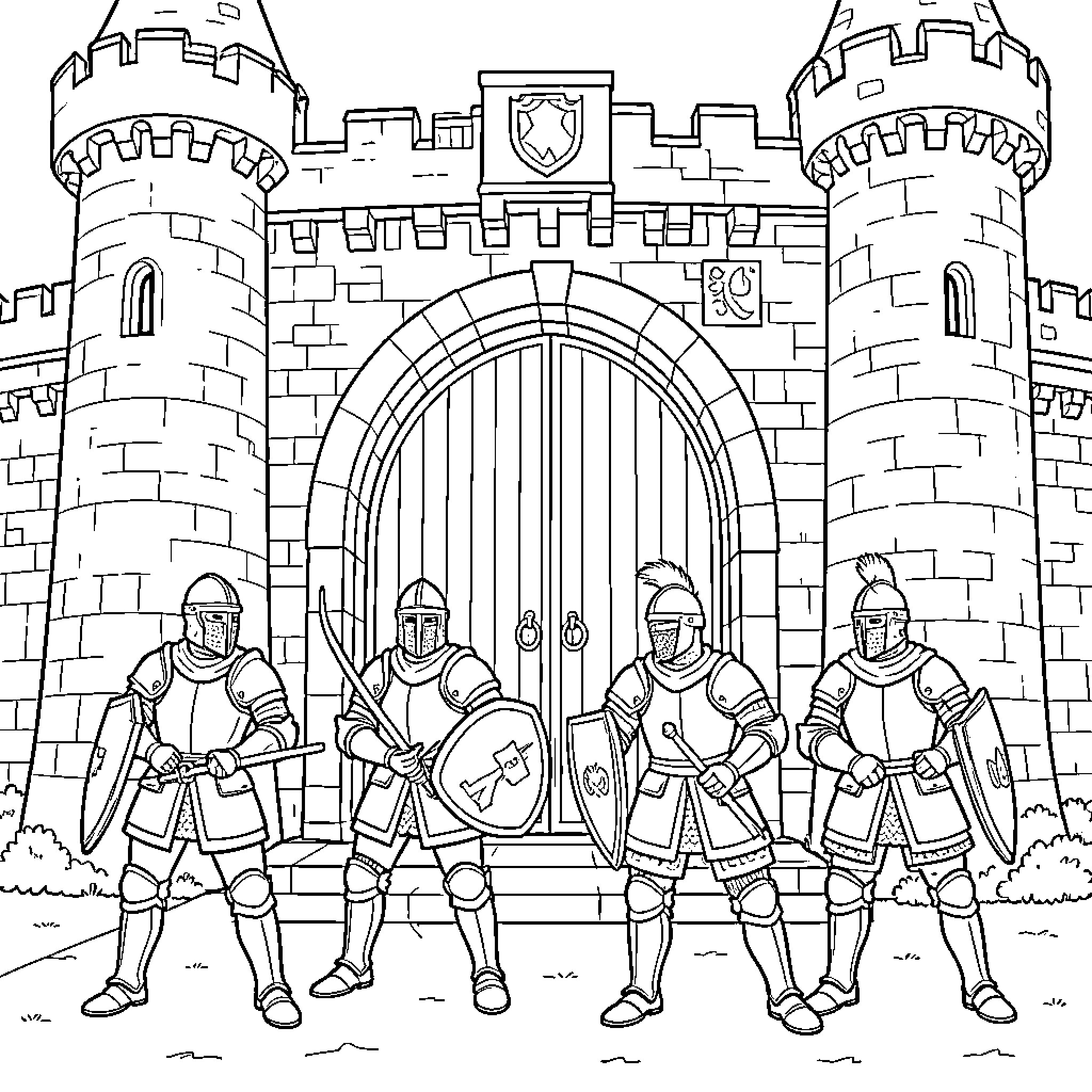 Knight warriors standing guard in front of a castle Coloring Page (free black-and-white line drawing printable PDF for all, from beginners to advanced learners, including children, teens, adults, and seniors)