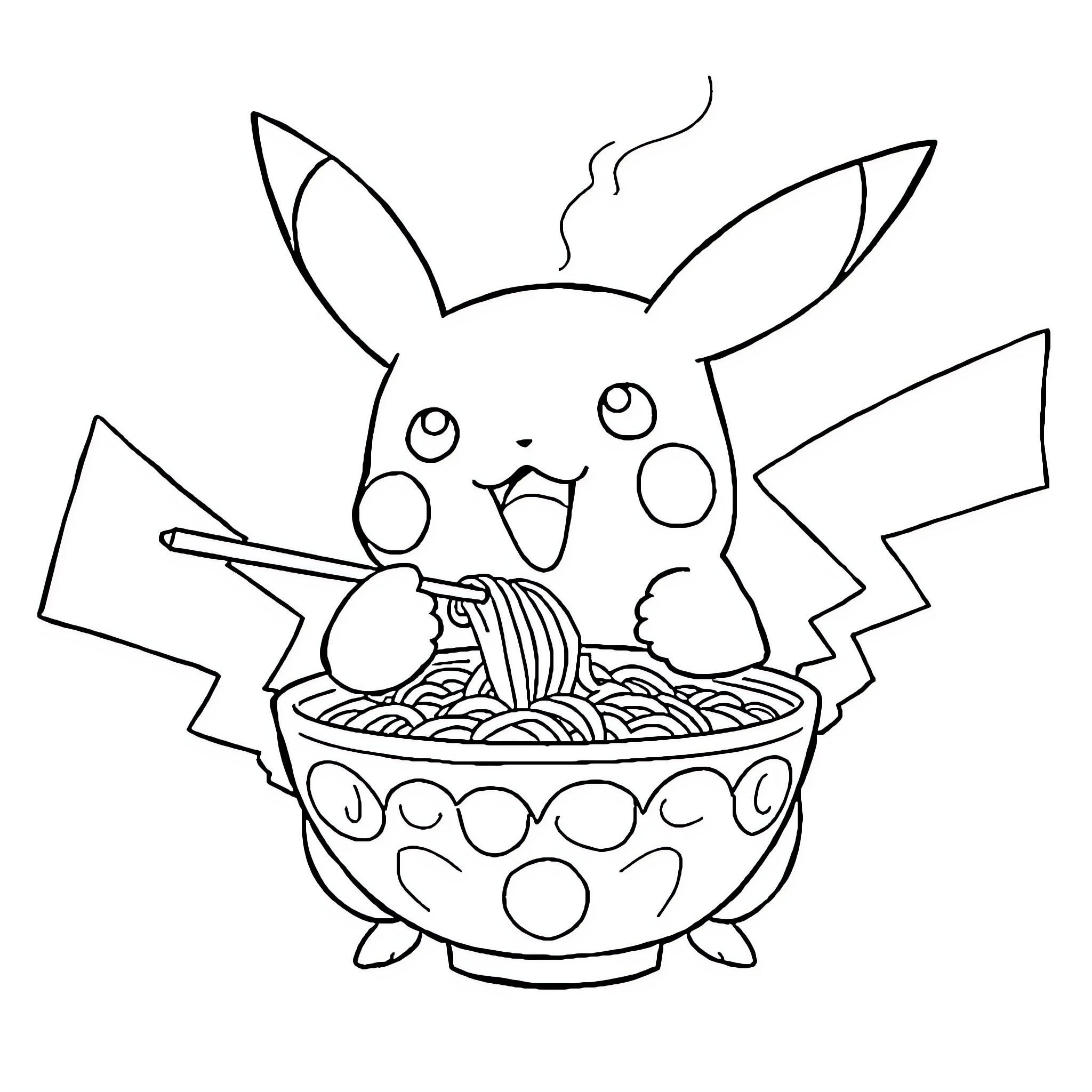 Pikachu enjoying a hearty bowl of noodles Coloring Page (free black-and-white line drawing printable PDF for all, from beginners to advanced learners, including children, teens, adults, and seniors)