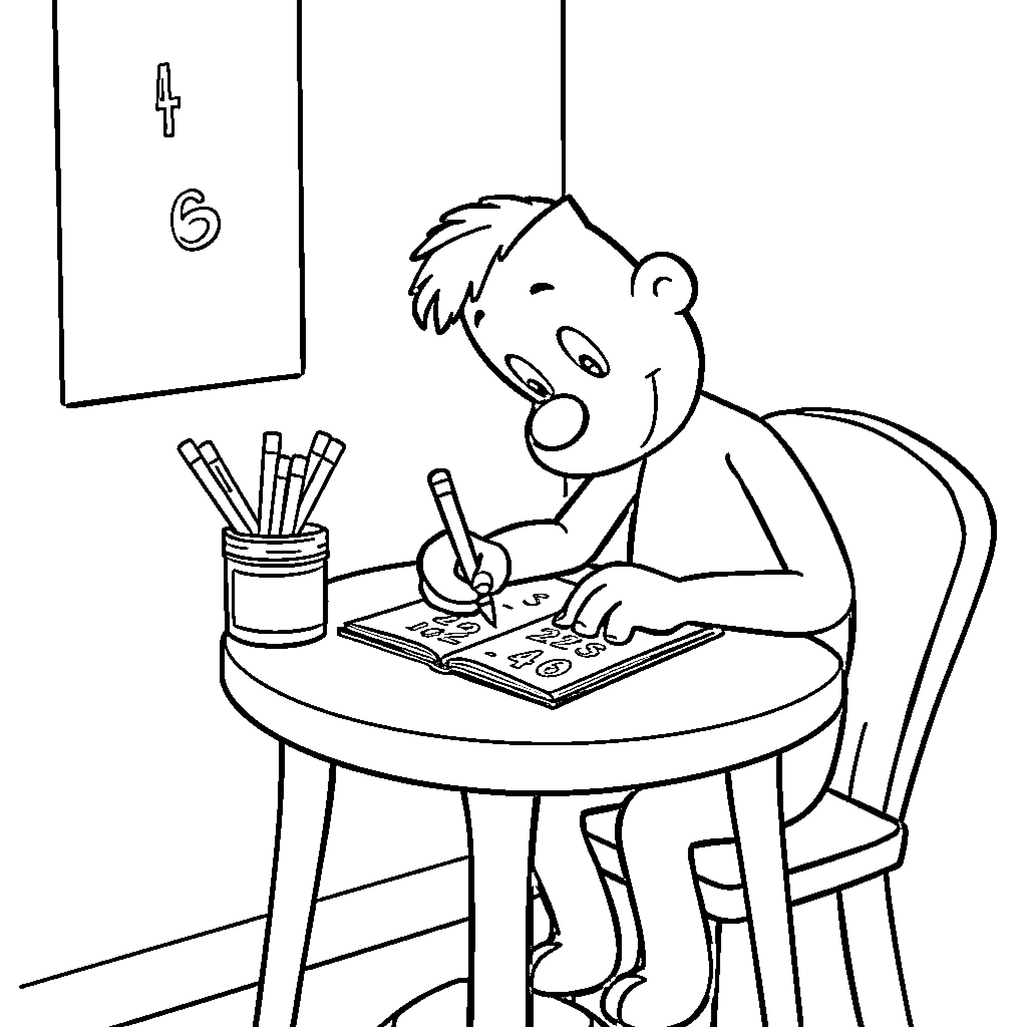 Bluey drawing at the table with pencils and paper Coloring Page (free black-and-white line drawing printable PDF for all, from beginners to advanced learners, including children, teens, adults, and seniors)